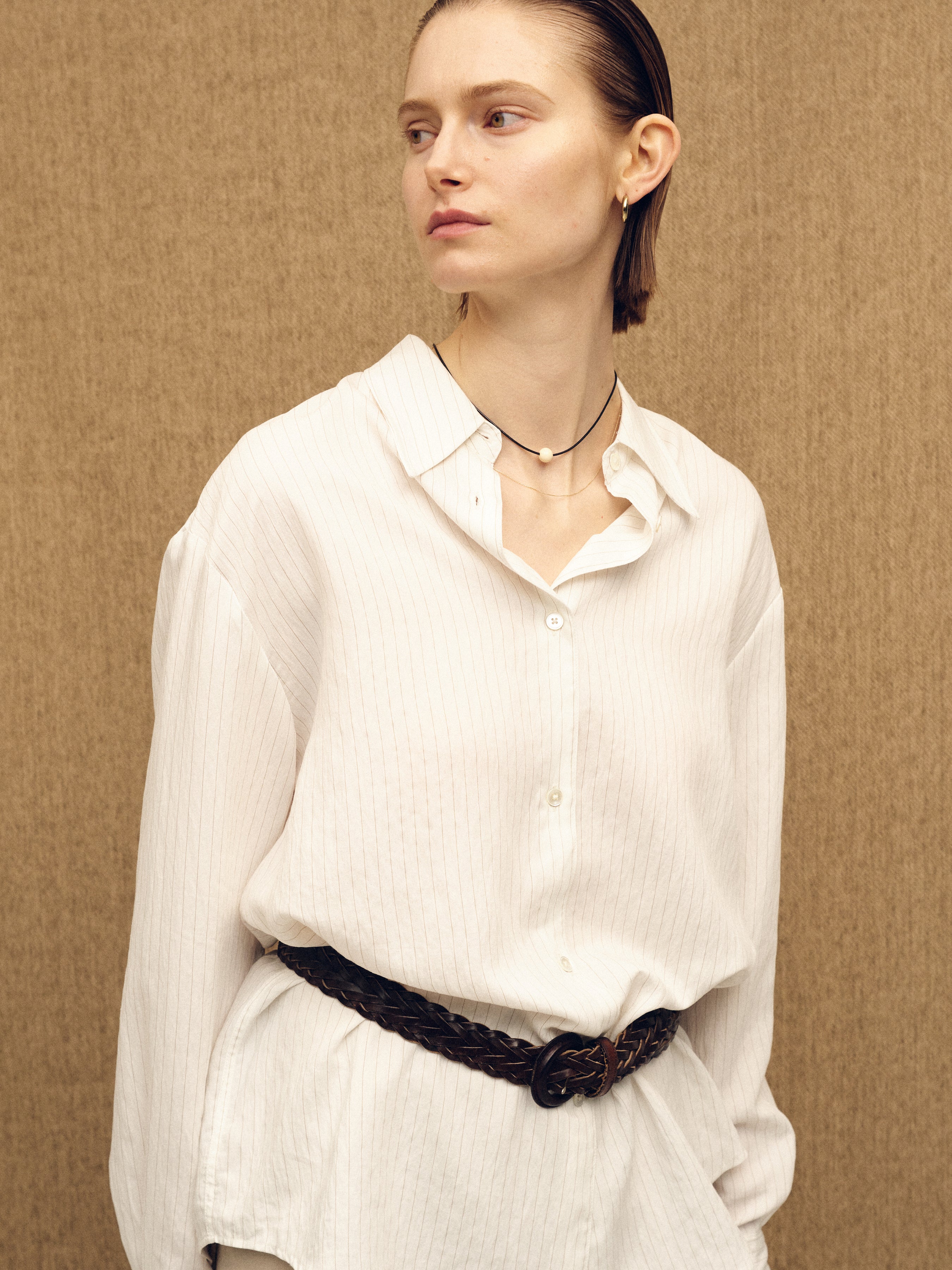 (W) AIRY STRIPED OVER SHIRT_ IVORY
