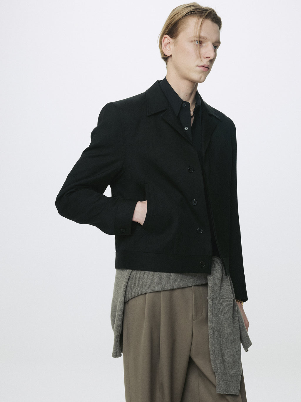 WOOL CROPPED TAILORED BLOUSON_ BLACK