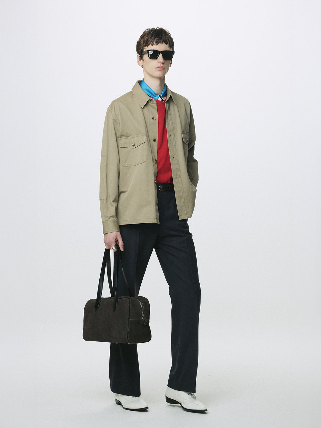 LEATHER TRIM SUEDE SQUARE VALISE BAG_ DARK PECAN