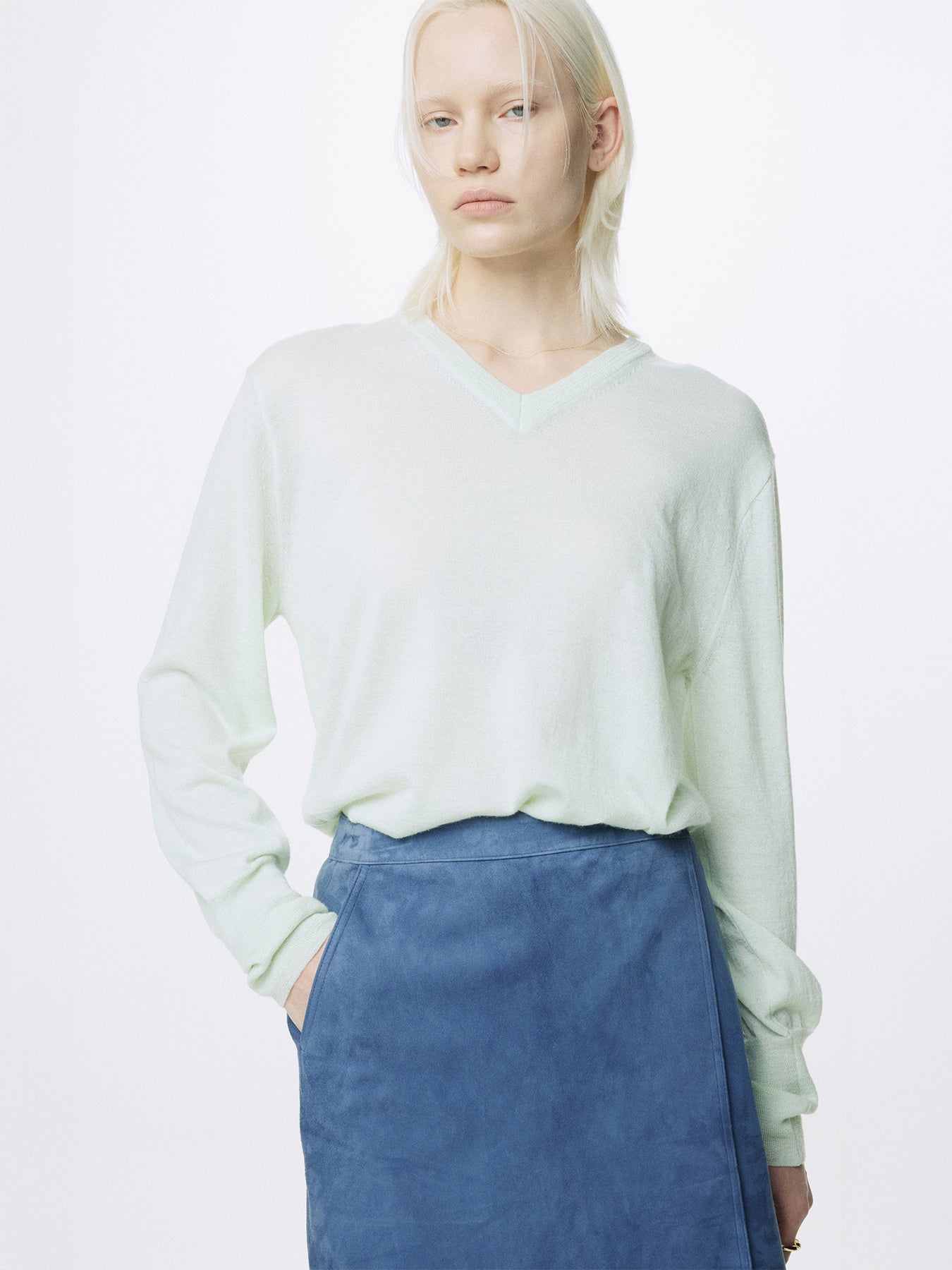 (W) GOAT SUEDE WRAP SKIRT_ MID BLUE