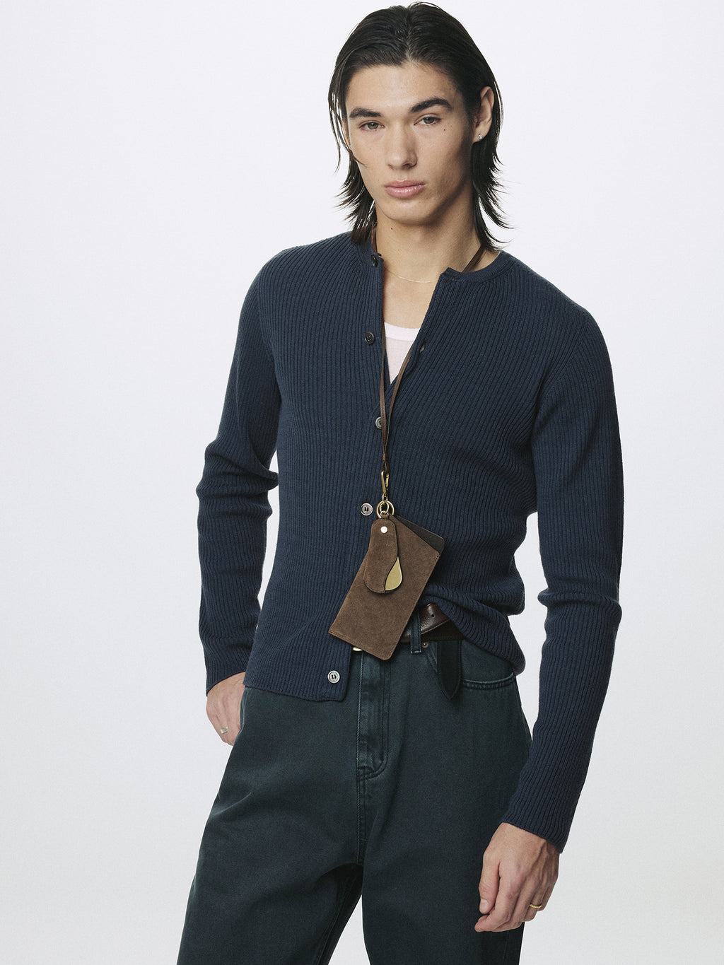 SUPER FINE MERINO WOOL RIBBED CARDIGAN_ SLATE NAVY