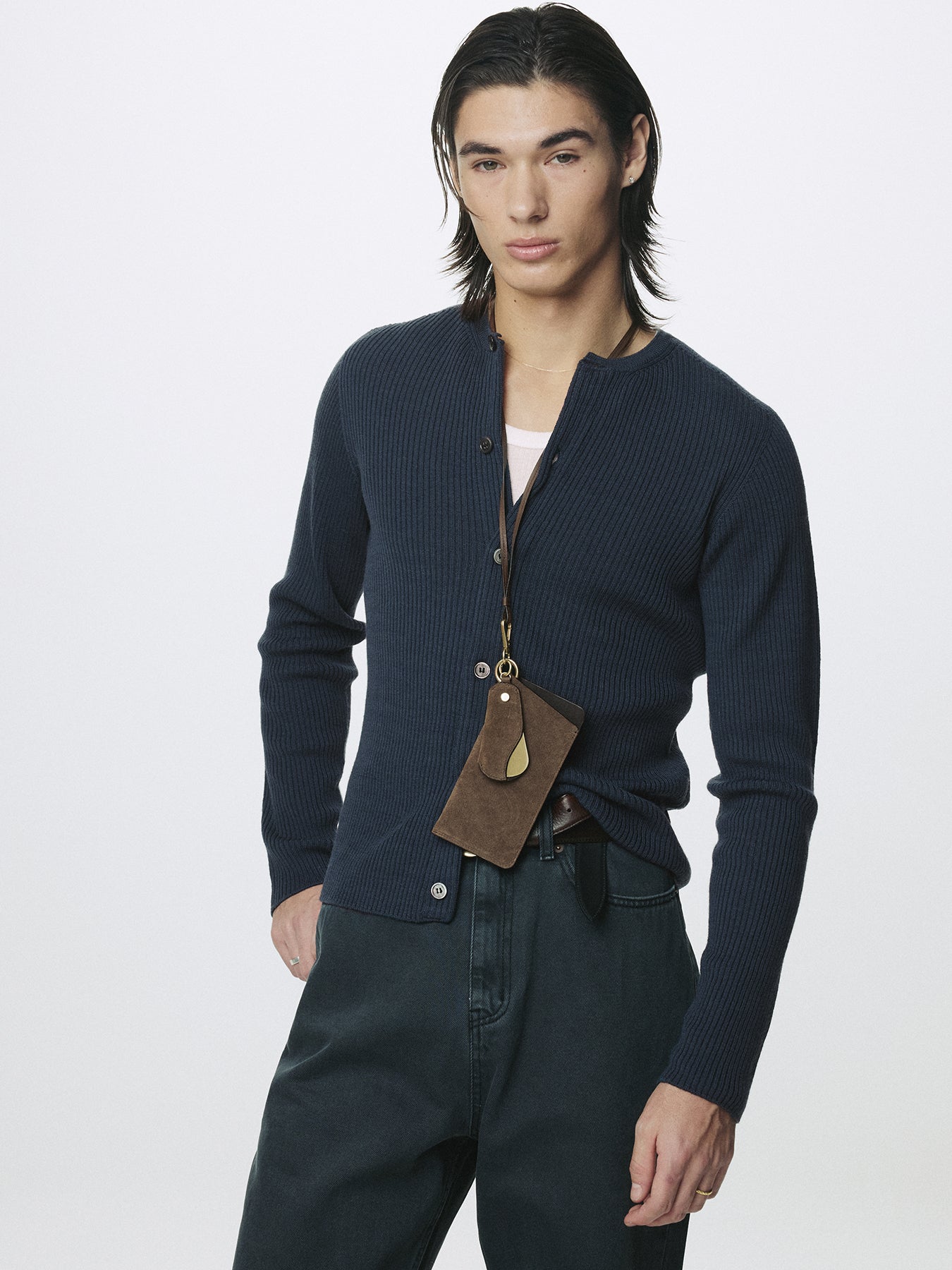 SUPER FINE MERINO WOOL RIBBED CARDIGAN_ SLATE NAVY