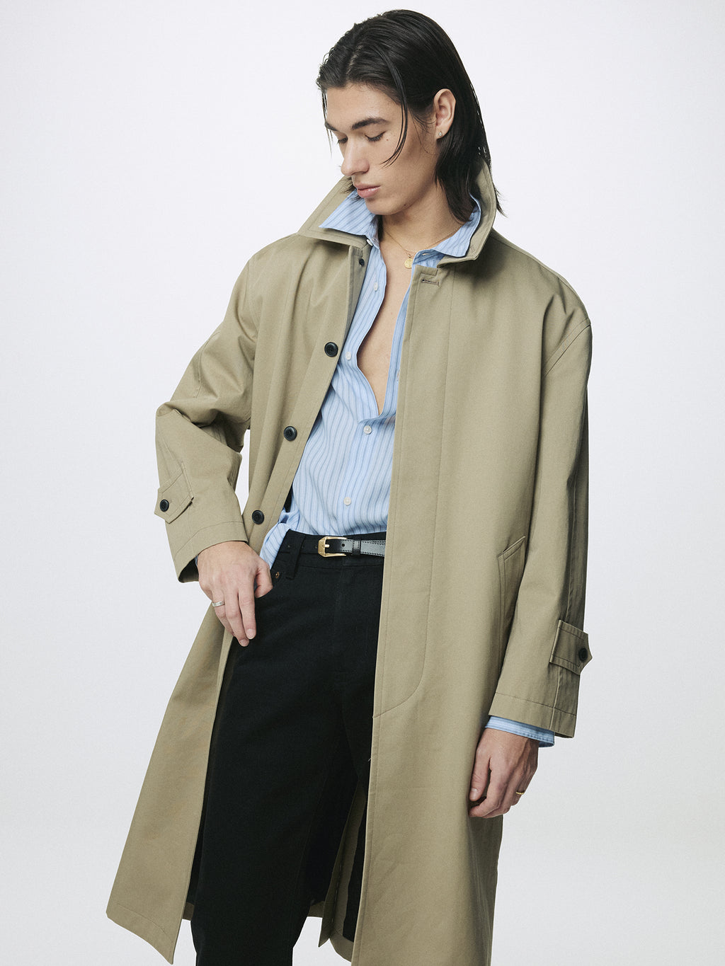 COTTON DRILL SINGLE-BREASTED OVERCOAT_ BEIGE
