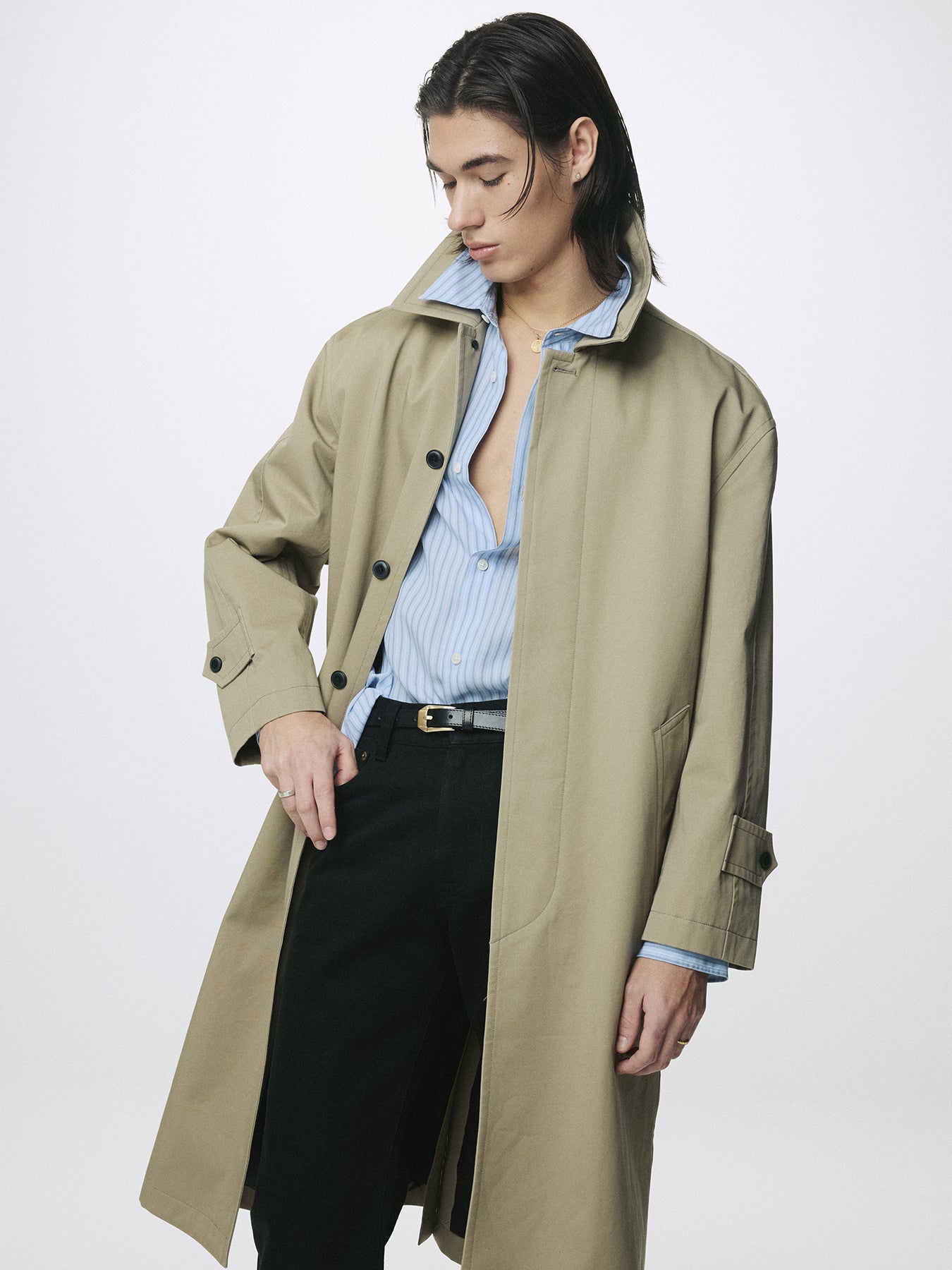 COTTON DRILL SINGLE-BREASTED OVERCOAT_ BEIGE