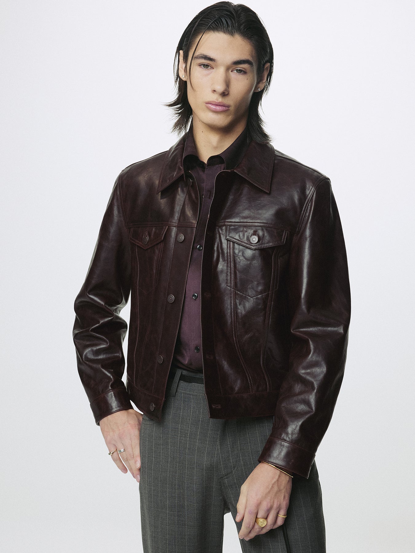 AGED LAMB LEATHER TRUCKER JACKET_ BROWN