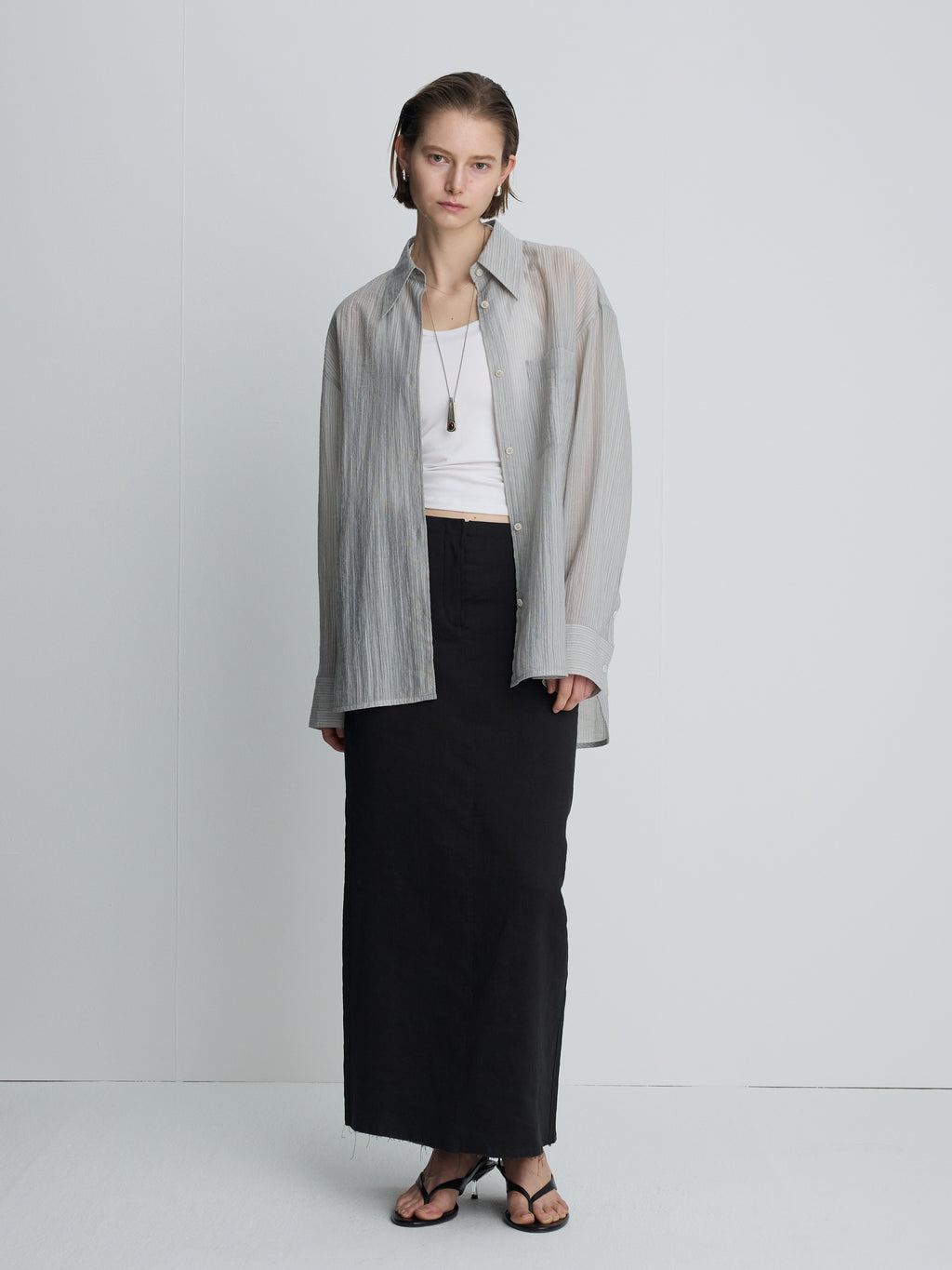 (W) LYOCELL OVERSIZED STRIPE SHIRT_ GREY