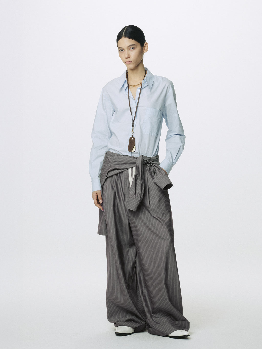 (W) SILK WOOL WIDE LEG PAJAMA TROUSERS_ DARK GREY STRIPE