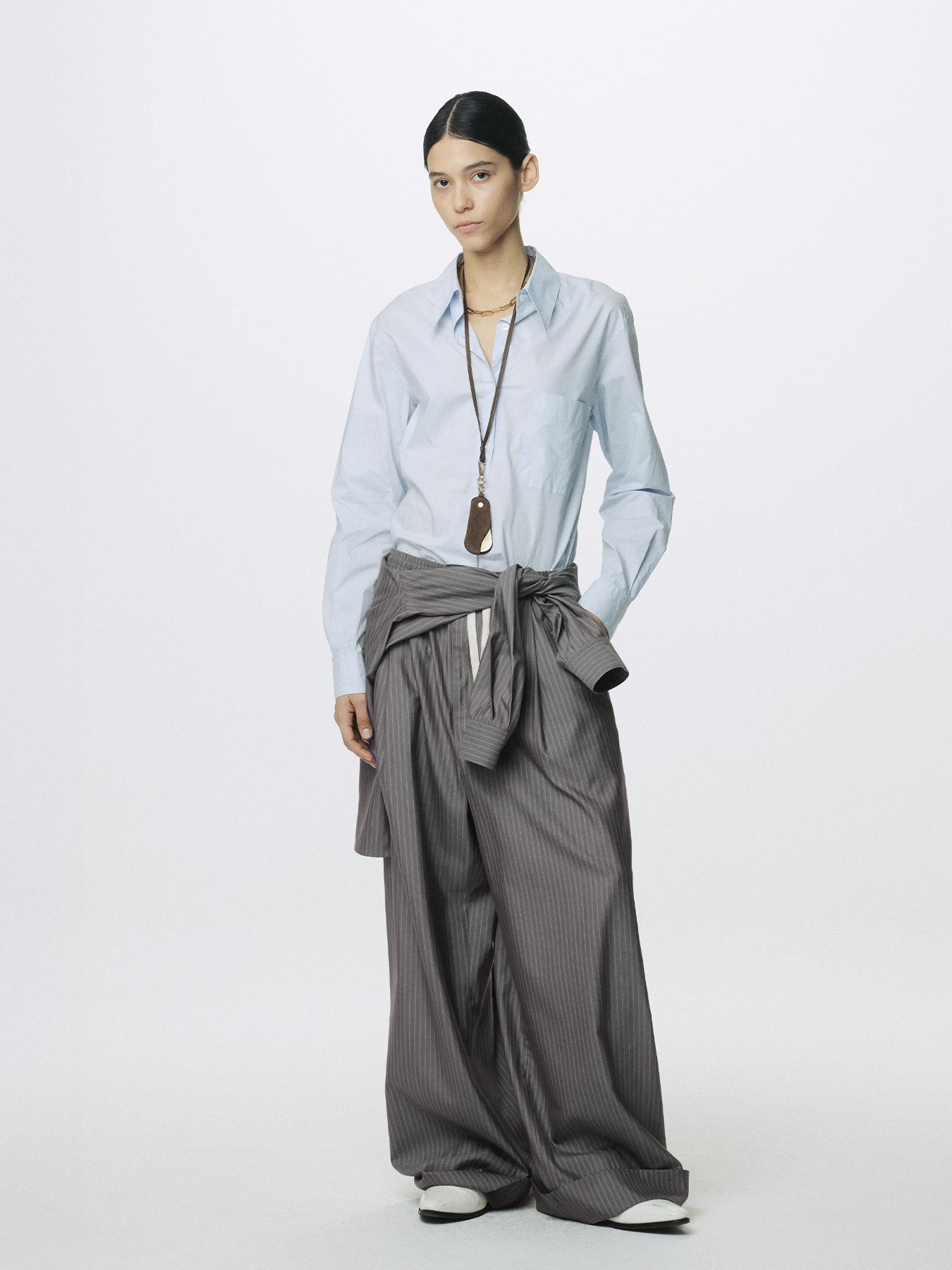(W) SILK WOOL WIDE LEG PAJAMA TROUSERS_ DARK GREY STRIPE