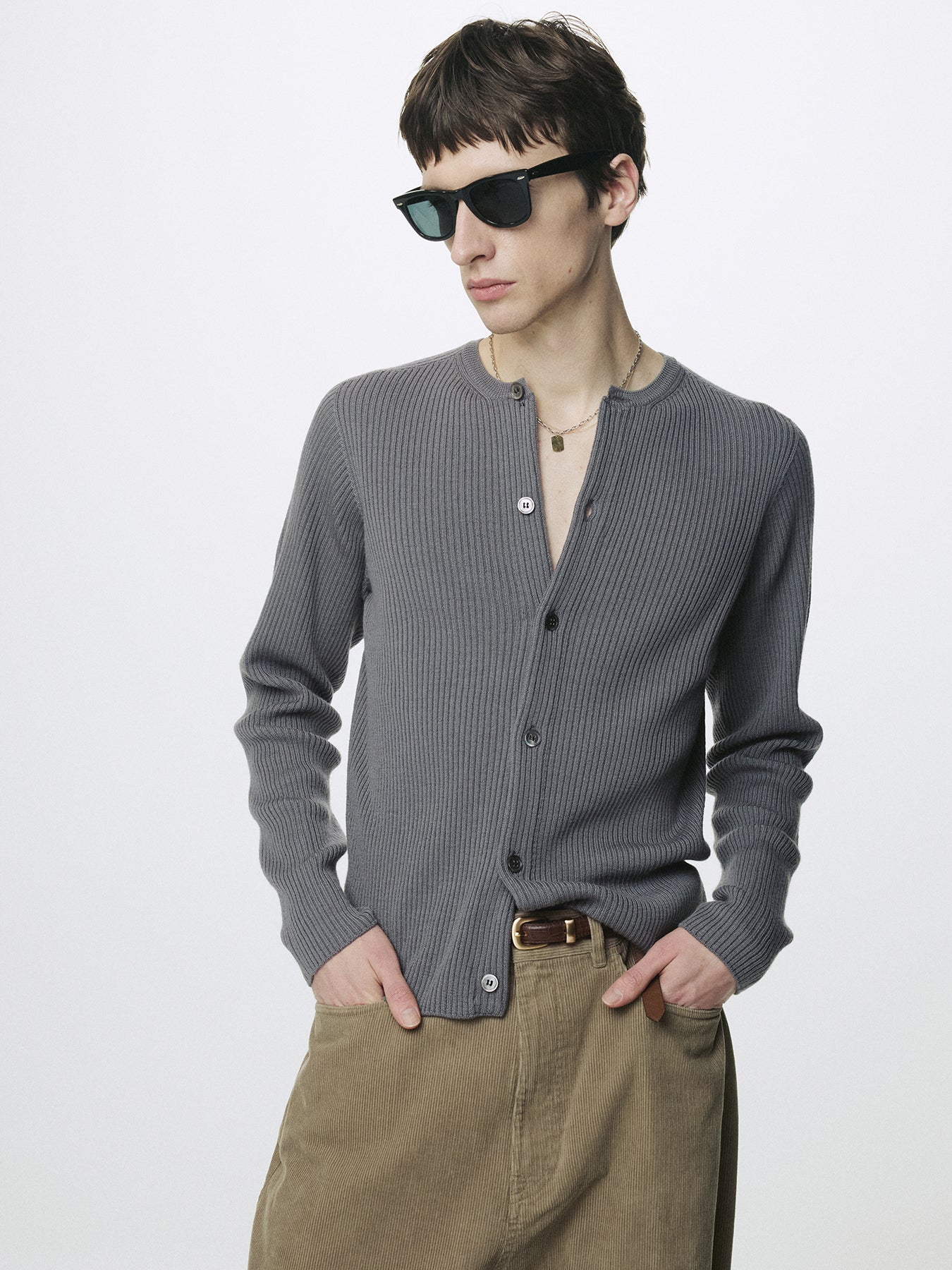 SUPER FINE MERINO WOOL RIBBED CARDIGAN_ CARBON GREY