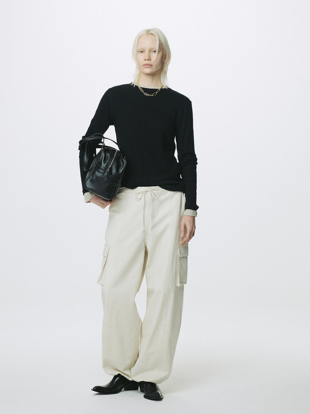 (W) COTTON DRAWSTRING CARGO TROUSERS_ IVORY