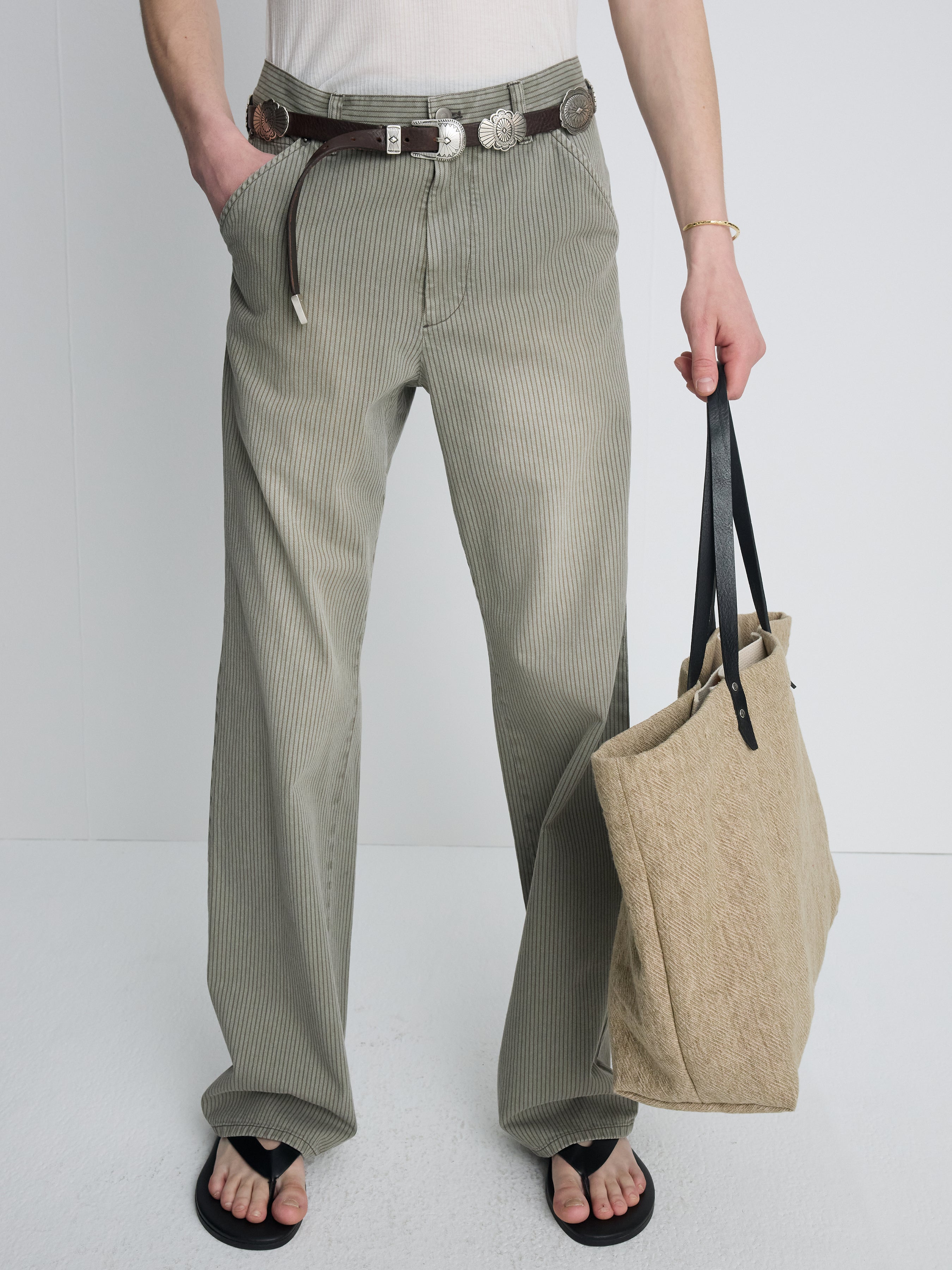 GARMENT DYED STRIPE COTTON FLARE PANTS_ STONE GREY