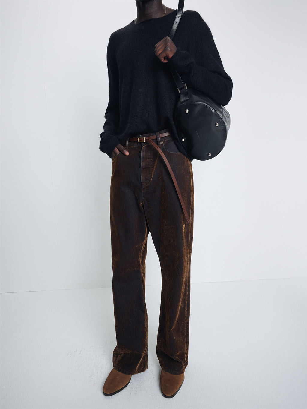 FLOCKED DENIM LOOSE FLARED PANTS_ BROWN