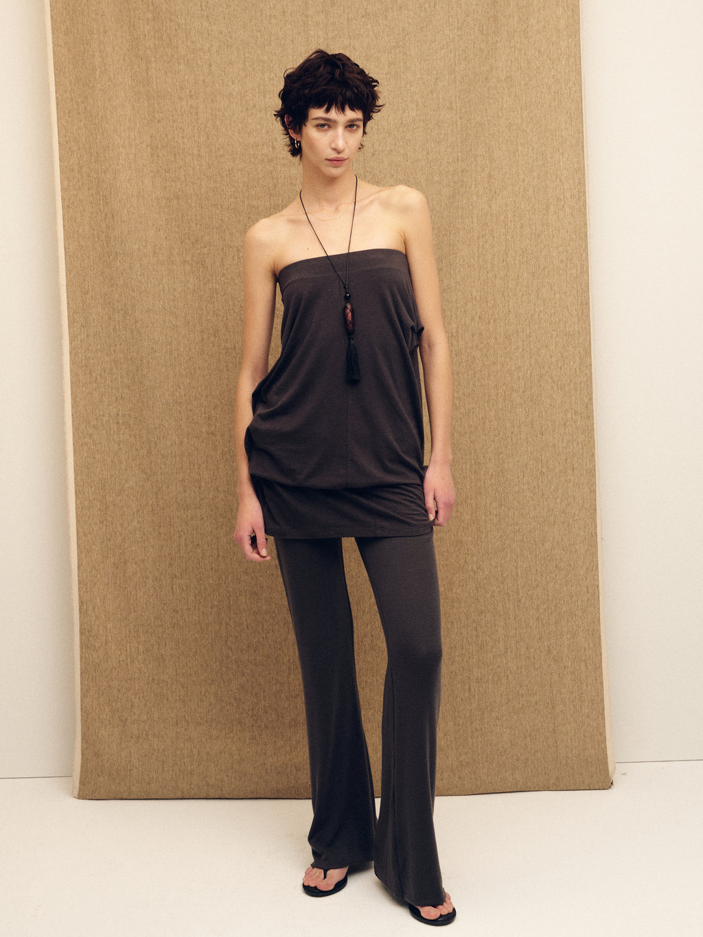 (W) TENCEL RIBBED FLARED PANTS_ OLIVE CHARCOAL