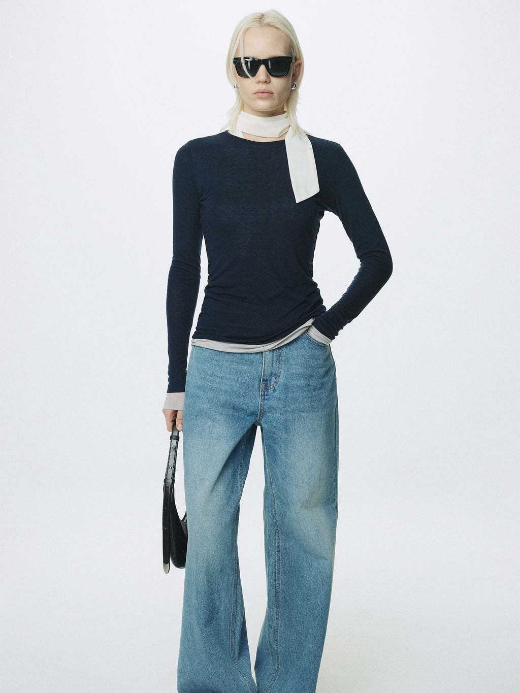(W) TENCEL LAYERED LONG SLEEVE_ NAVY/GREY