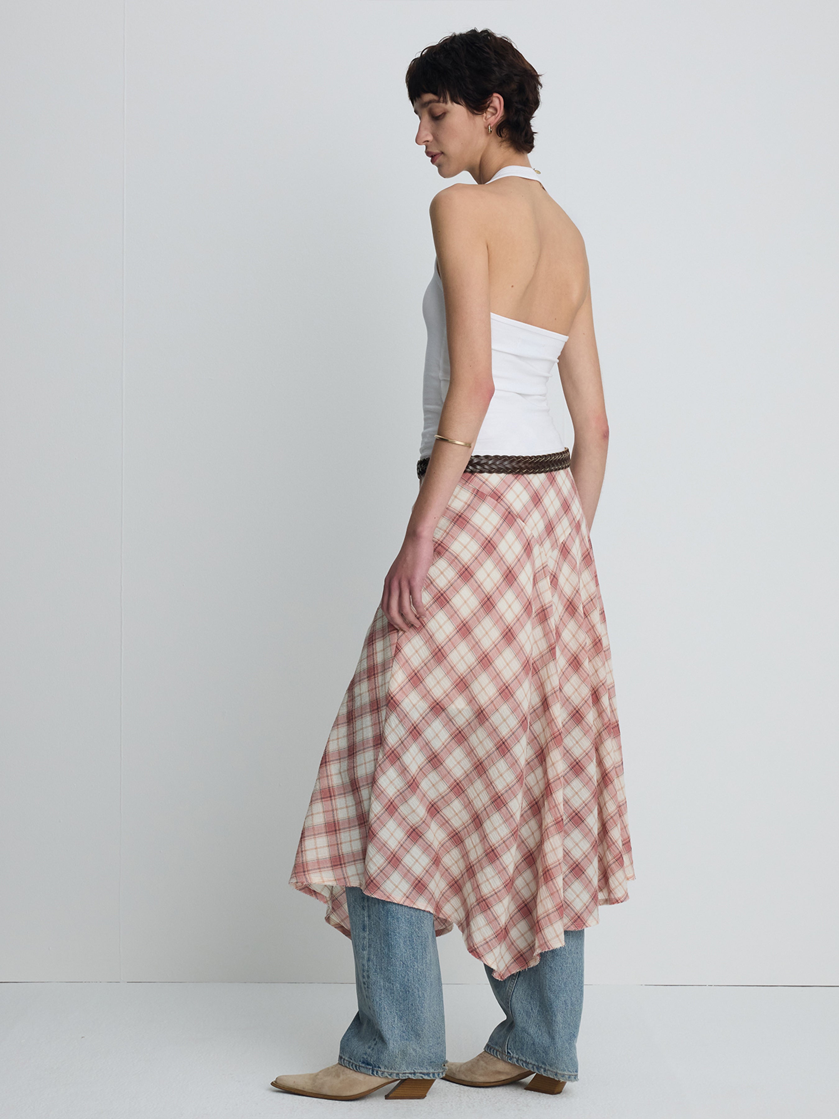 (W) COTTON CHECK PATCHWORK SKIRT_ PINK CHECK