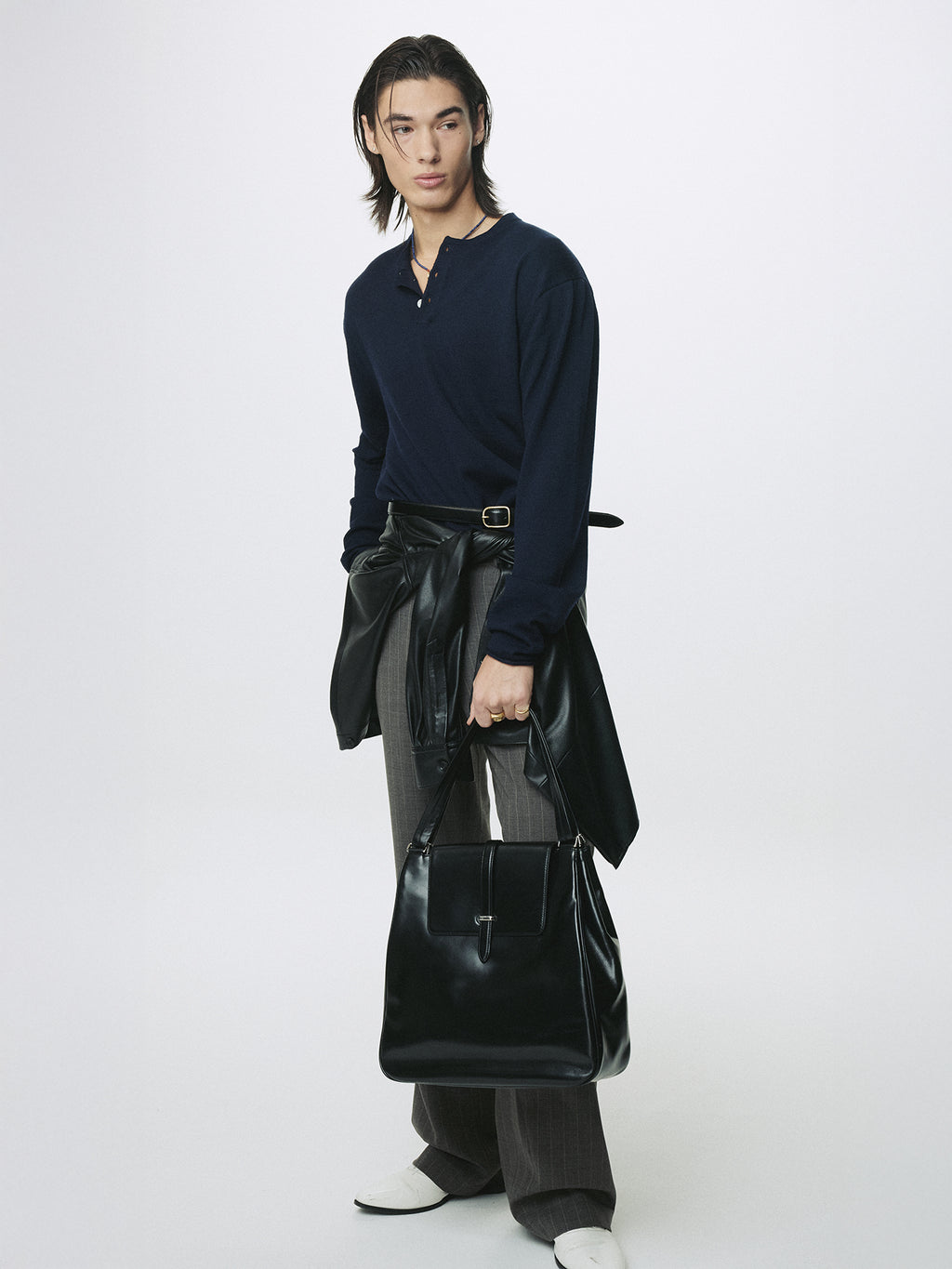 EXTRA FINE WOOL RAW HEM HENLEY NECK KNIT_ NAVY
