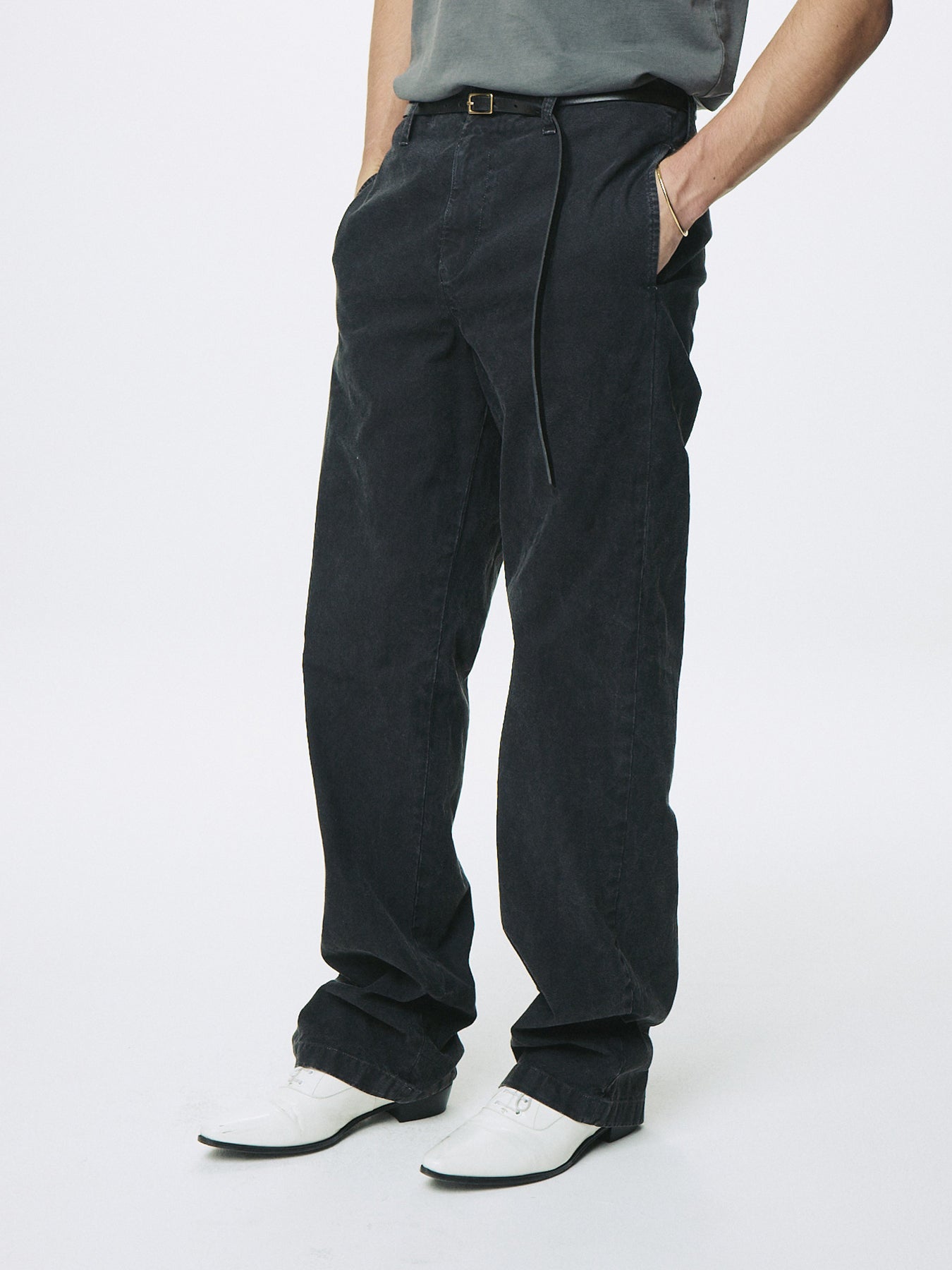 GARMENT DYED COTTON STRAIGHT PANTS_ FADED BLACK
