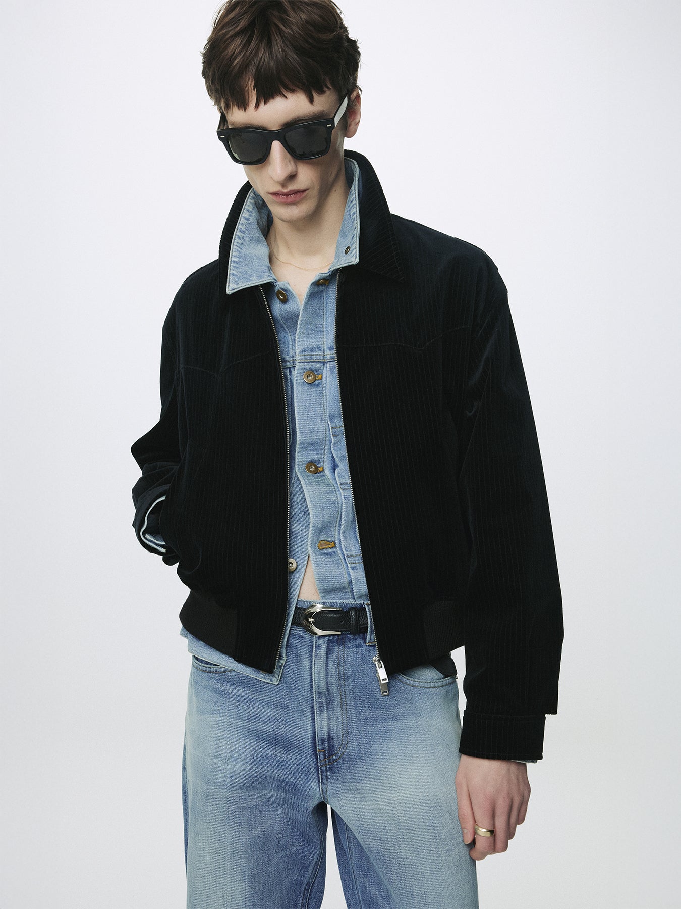 RIBBED VELVET WESTERN BLOUSON_ BLACK
