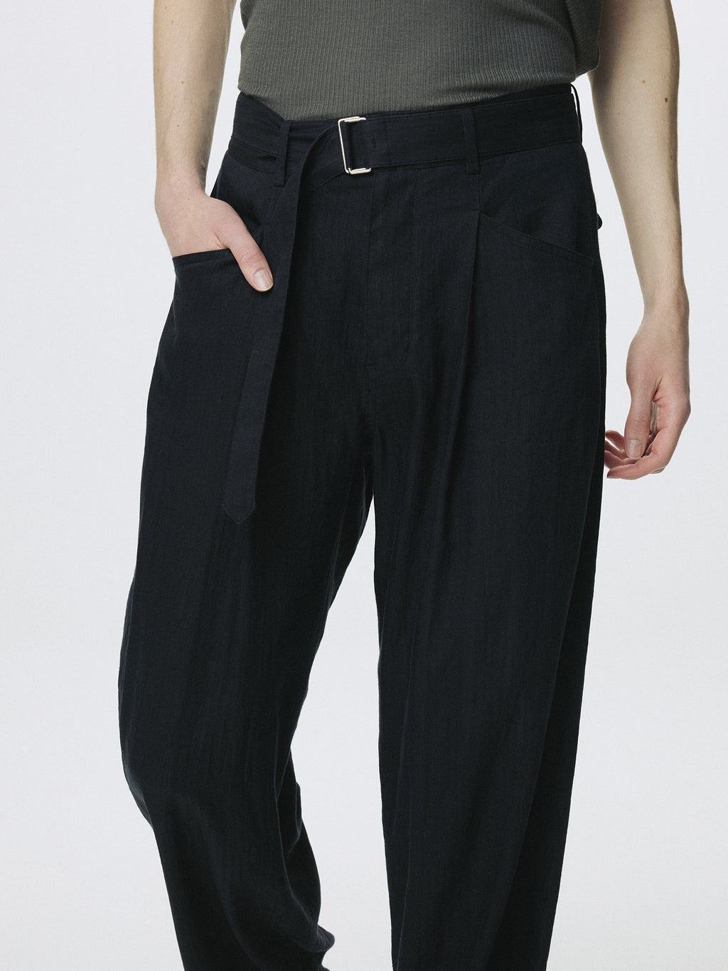 WASHED LINEN BELTED PANTS (ITALIAN FABRIC)_ DARK NAVY