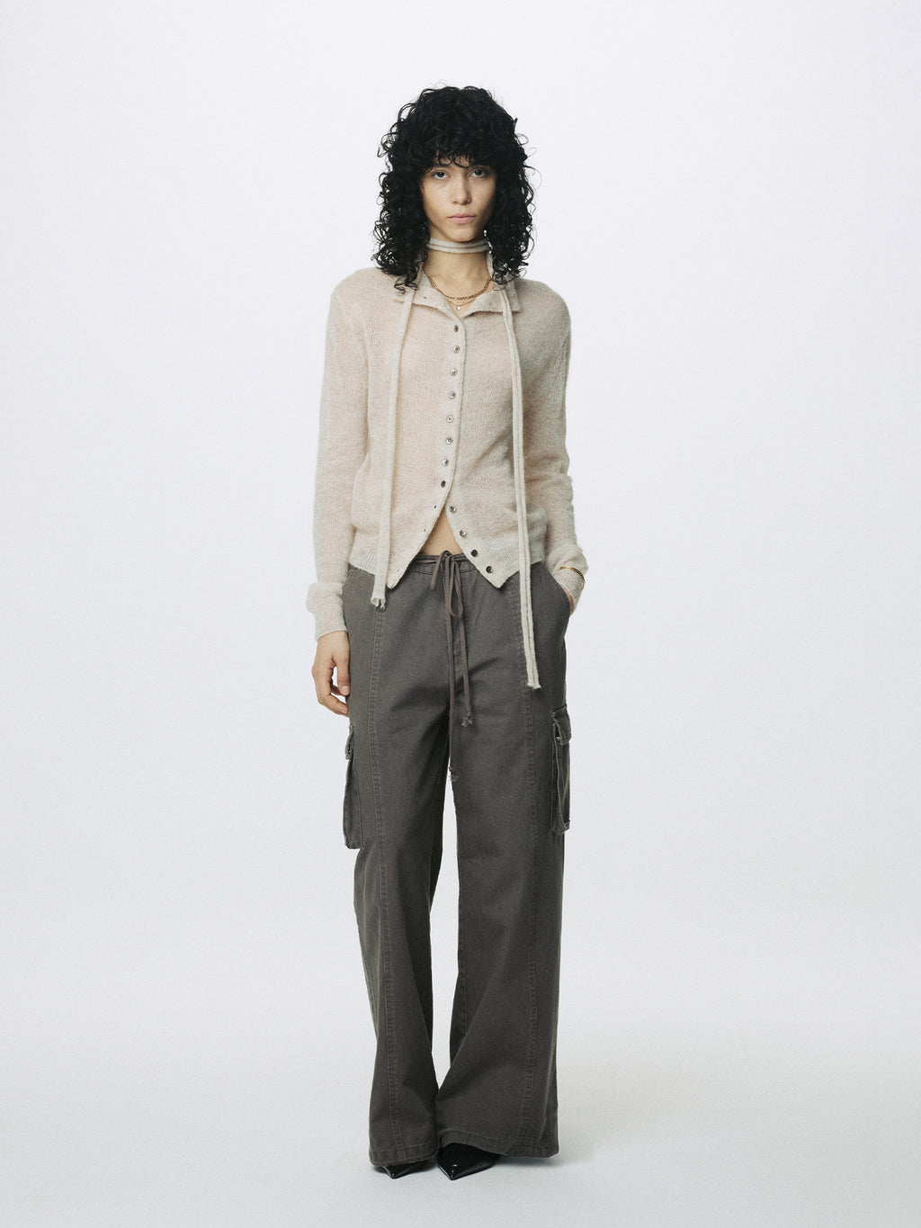 (W) COTTON DRAWSTRING CARGO TROUSERS_ PALE BROWN