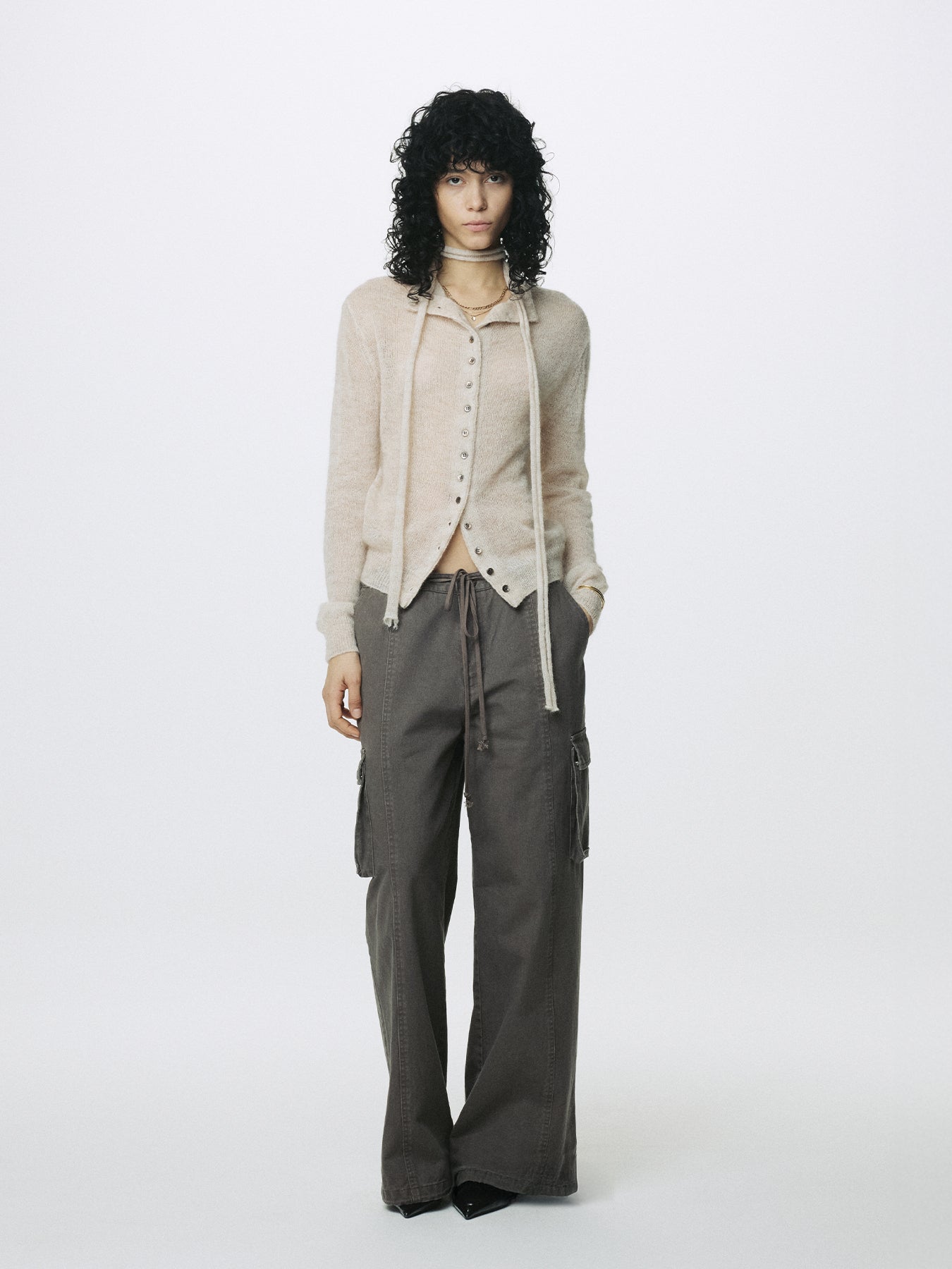 (W) COTTON DRAWSTRING CARGO TROUSERS_ PALE BROWN