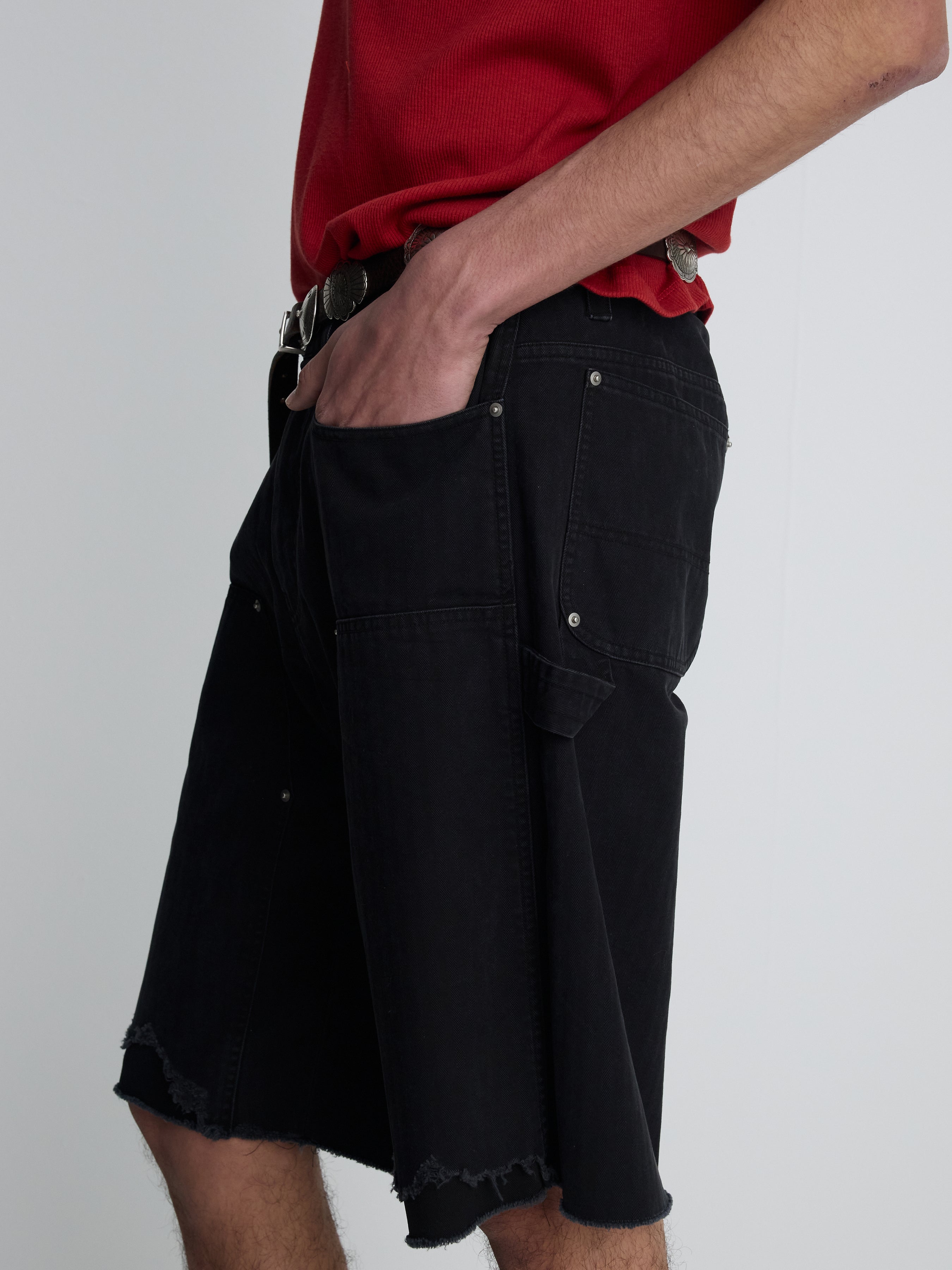 HAND DISTRESSED HBT DOUBLE KNEE SHORTS_ FADED BLACK