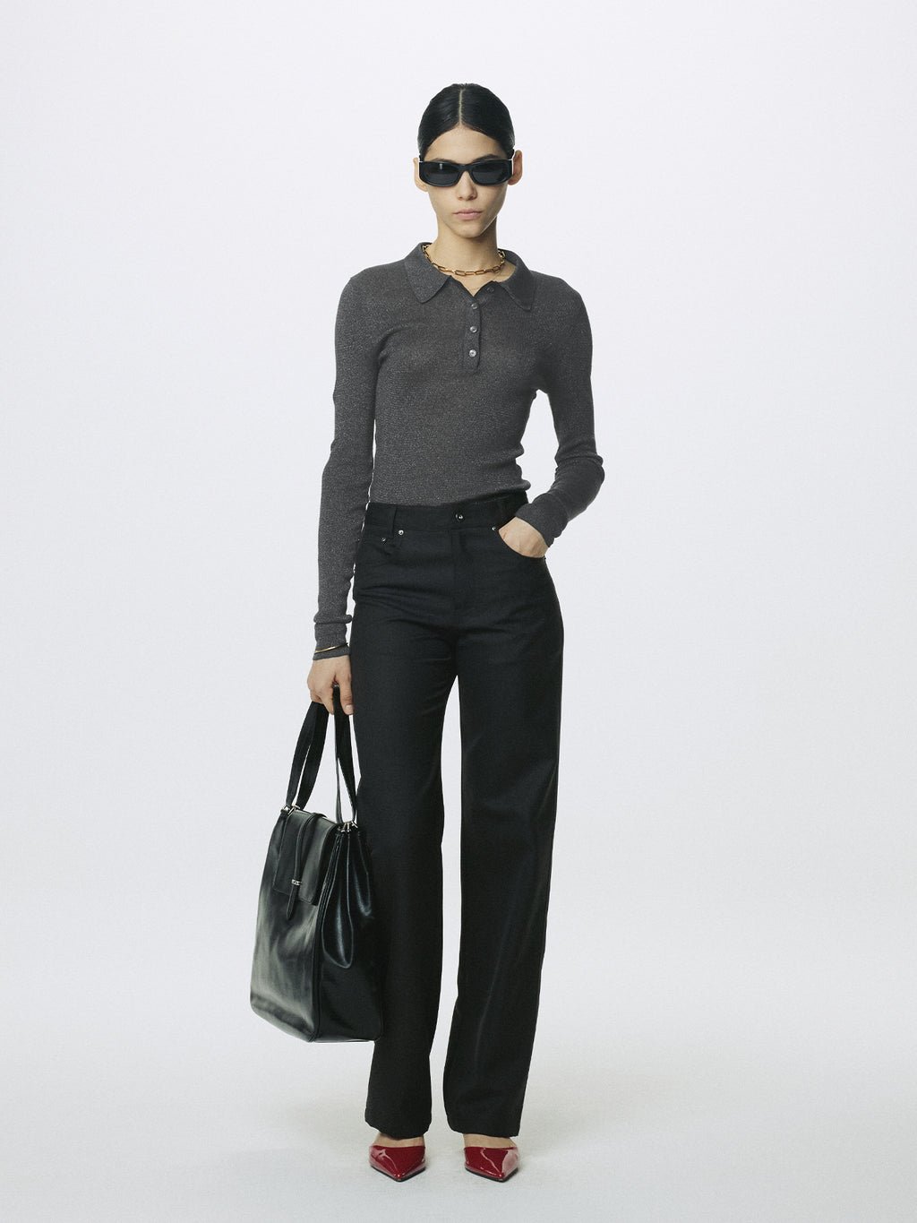 (W) GLITTER RIBBED KNIT POLO SHIRT_ CHARCOAL