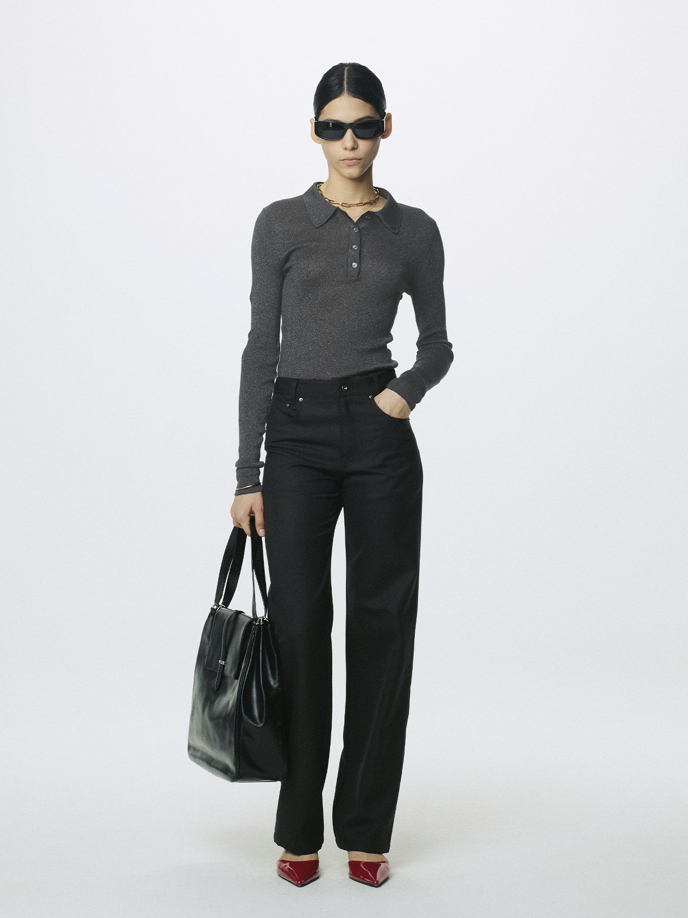 (W) GLITTER RIBBED KNIT POLO SHIRT_ CHARCOAL