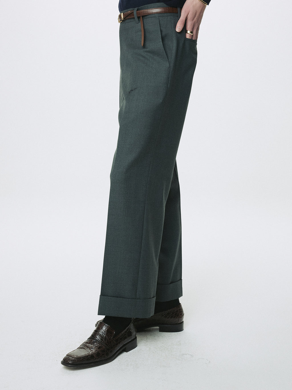 WOOL CUFFED TROUSERS_ MOSS GREY