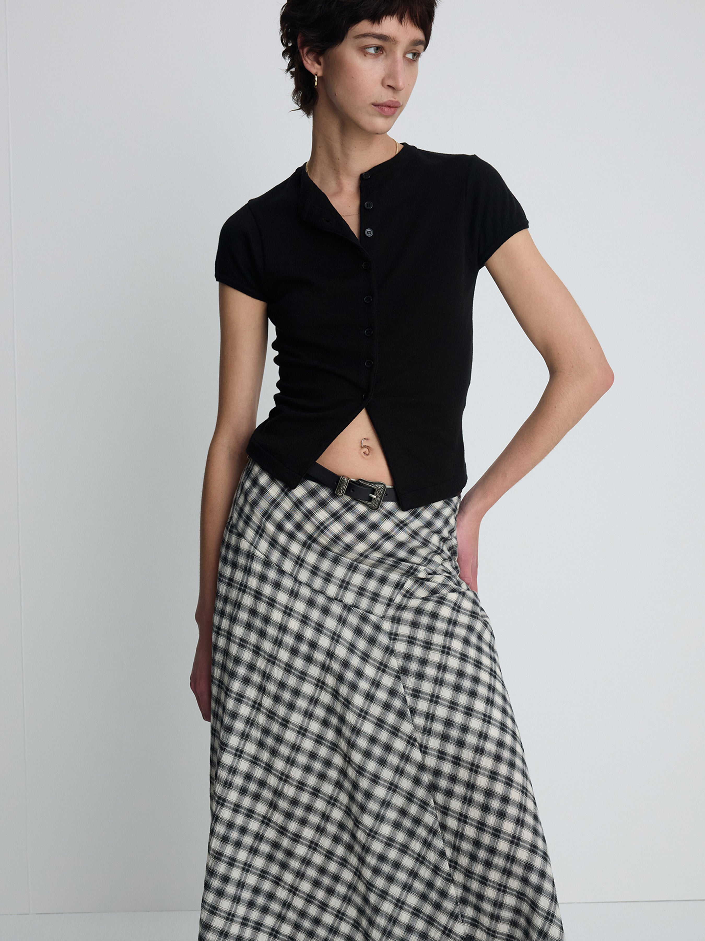 (W) COTTON CHECK PATCHWORK SKIRT_ BLACK CHECK