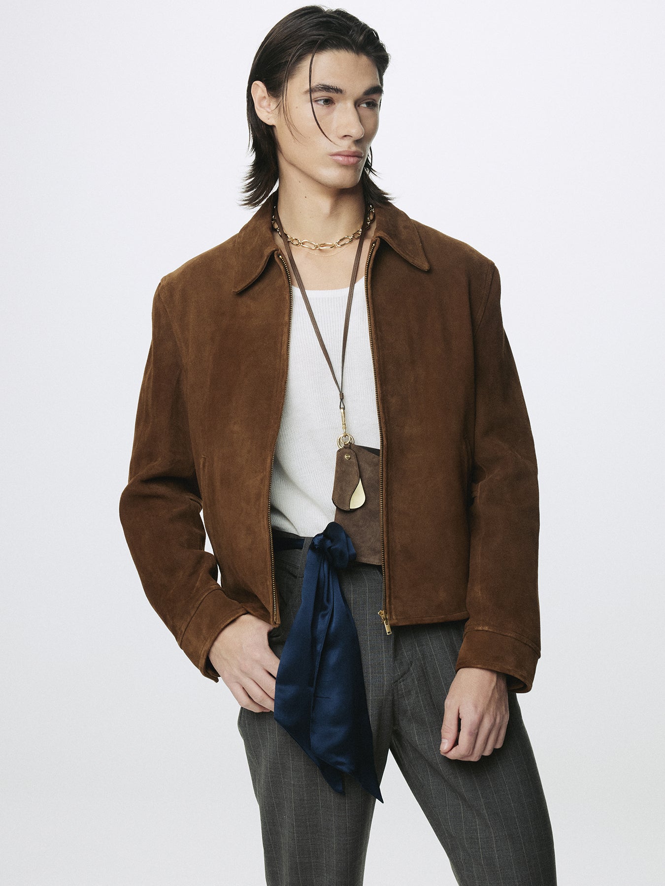 GOAT SUEDE BUCKLE ZIP JACKET_ CAMEL BROWN