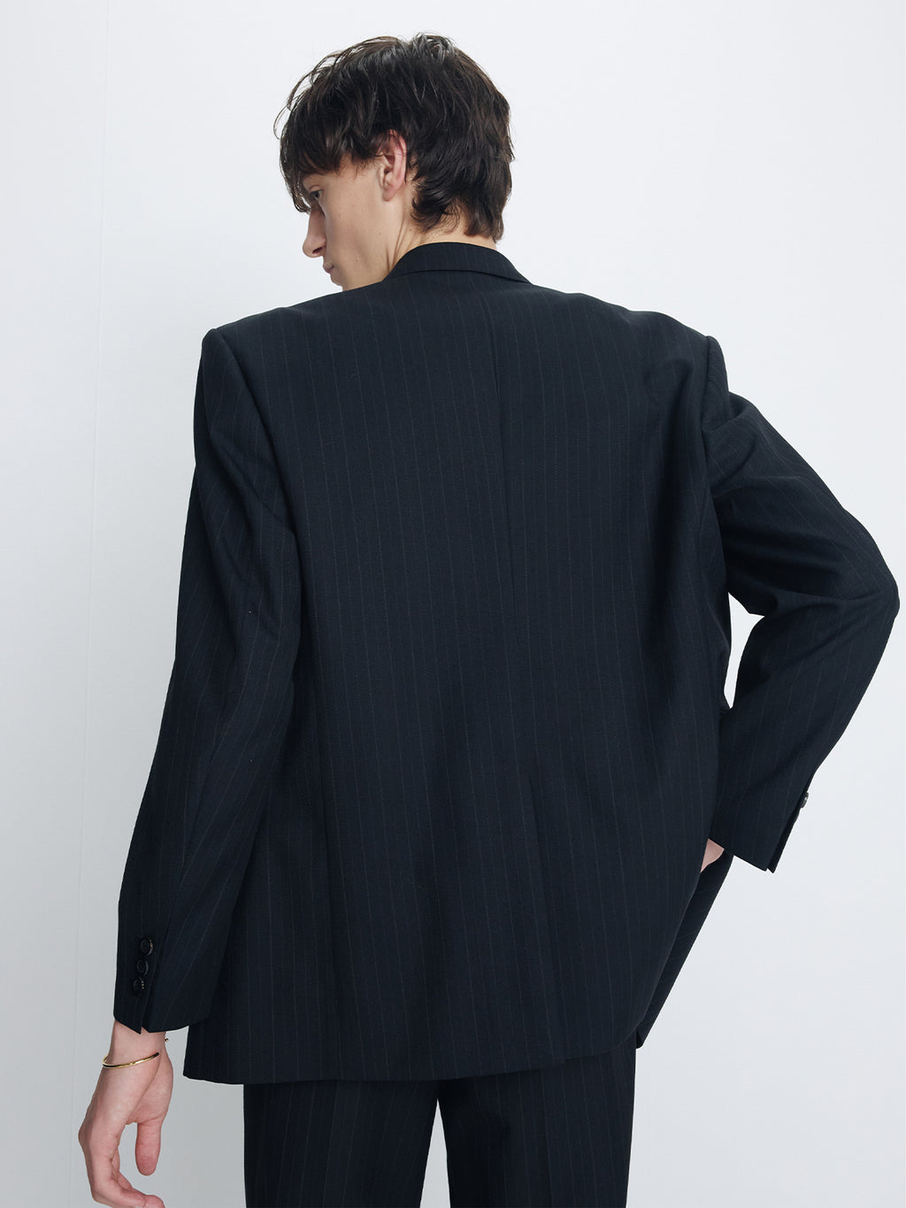 PINSTRIPED WOOL TAILORED WRAP BLAZER_ BLACK PINSTRIPE