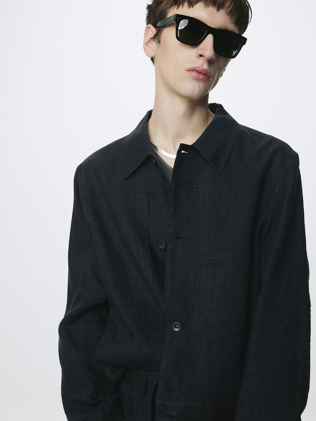 WASHED LINEN TRUCKER JACKET (ITALIAN FABRIC)_ DARK NAVY