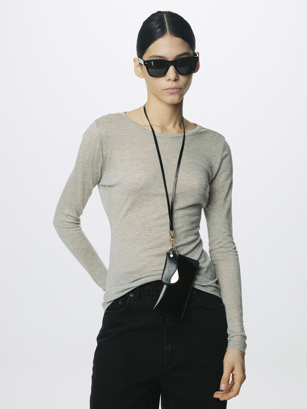 (W) WOOL TENCEL PINTUCK LONG SLEEVE_ BROWN MELANGE