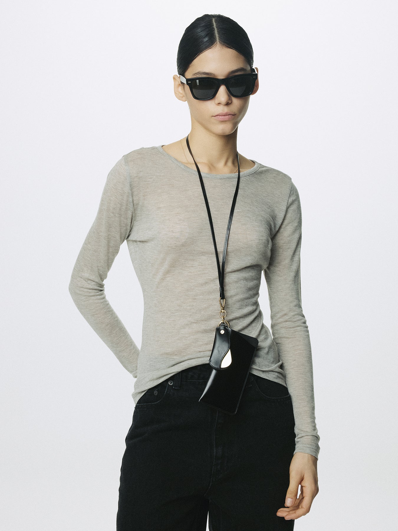 (W) WOOL TENCEL PINTUCK LONG SLEEVE_ BROWN MELANGE