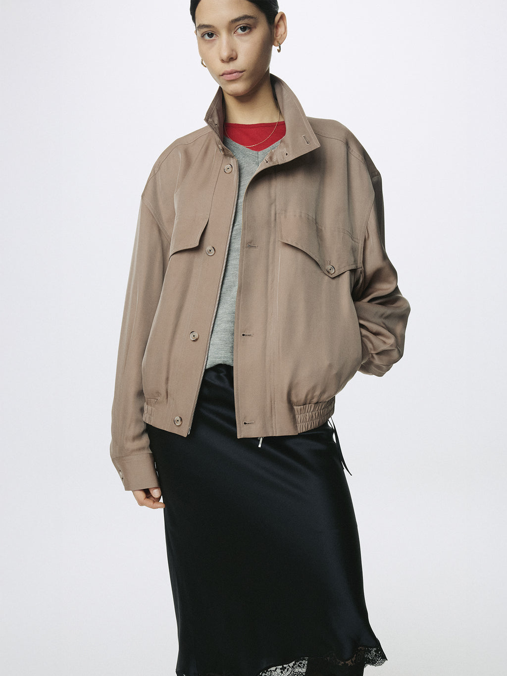 (W) OVERSIZED STAND COLLAR BLOUSON_ SAND