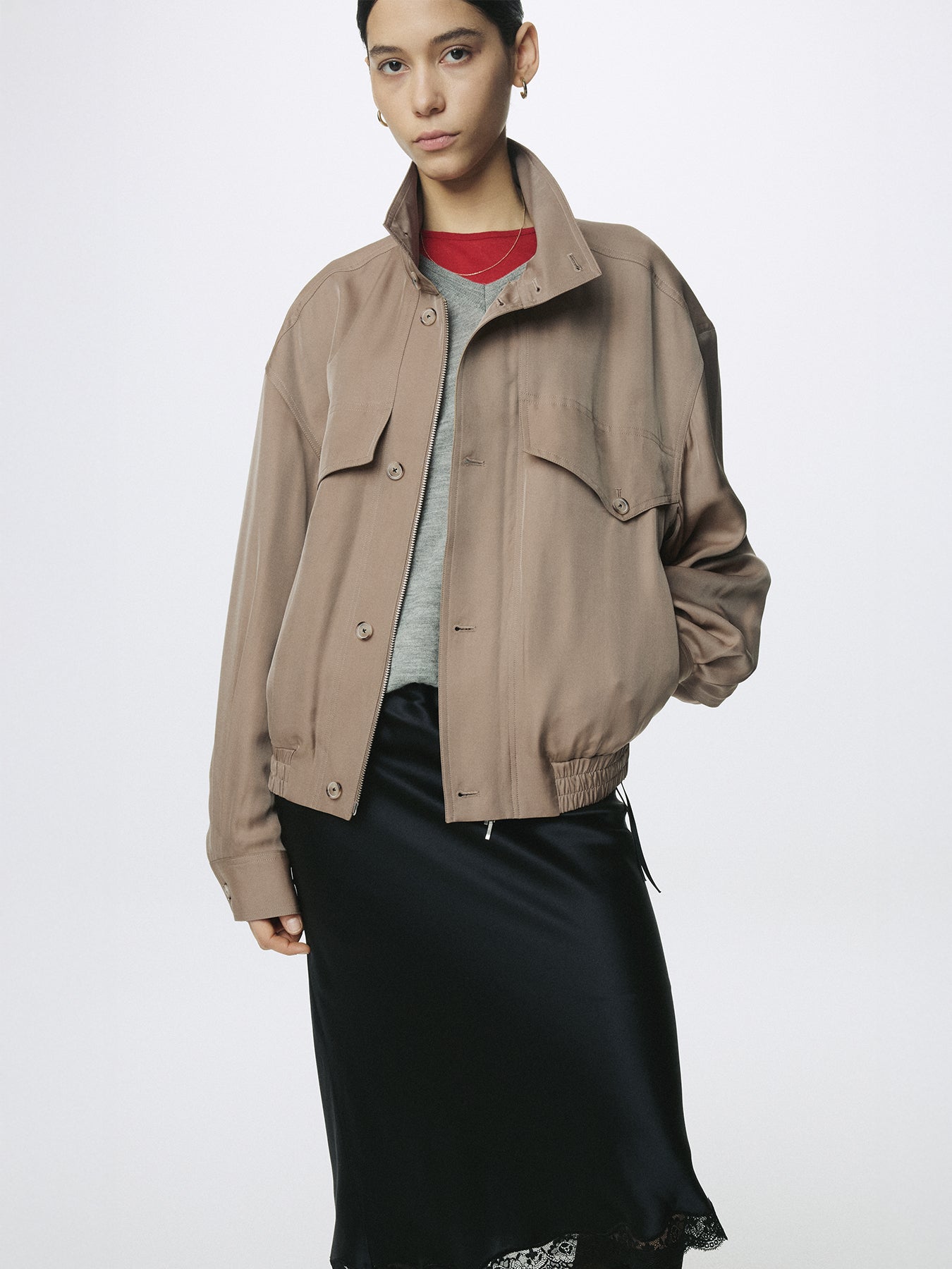 (W) OVERSIZED STAND COLLAR BLOUSON_ SAND