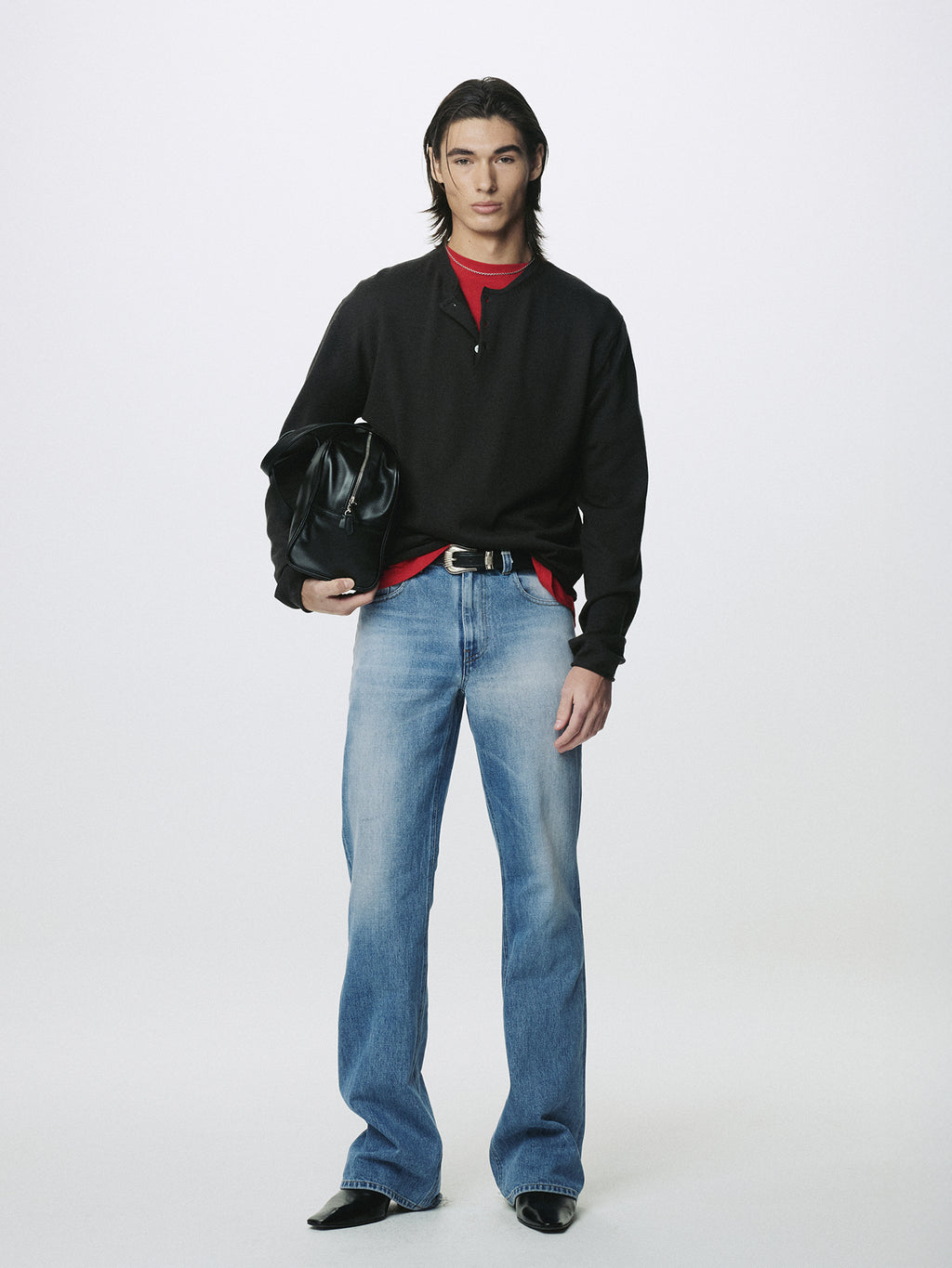 FLARED-LEG DISTRESSED DENIM JEANS_ FADED BLUE
