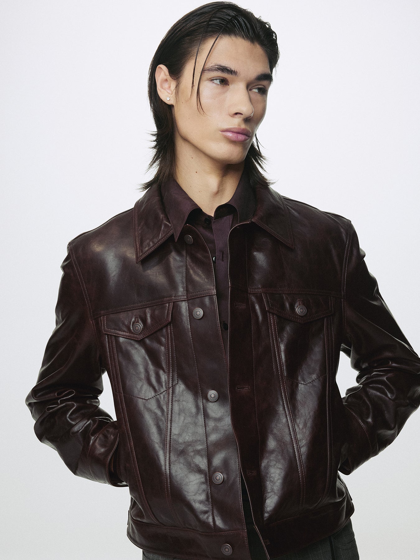 AGED LAMB LEATHER TRUCKER JACKET_ BROWN
