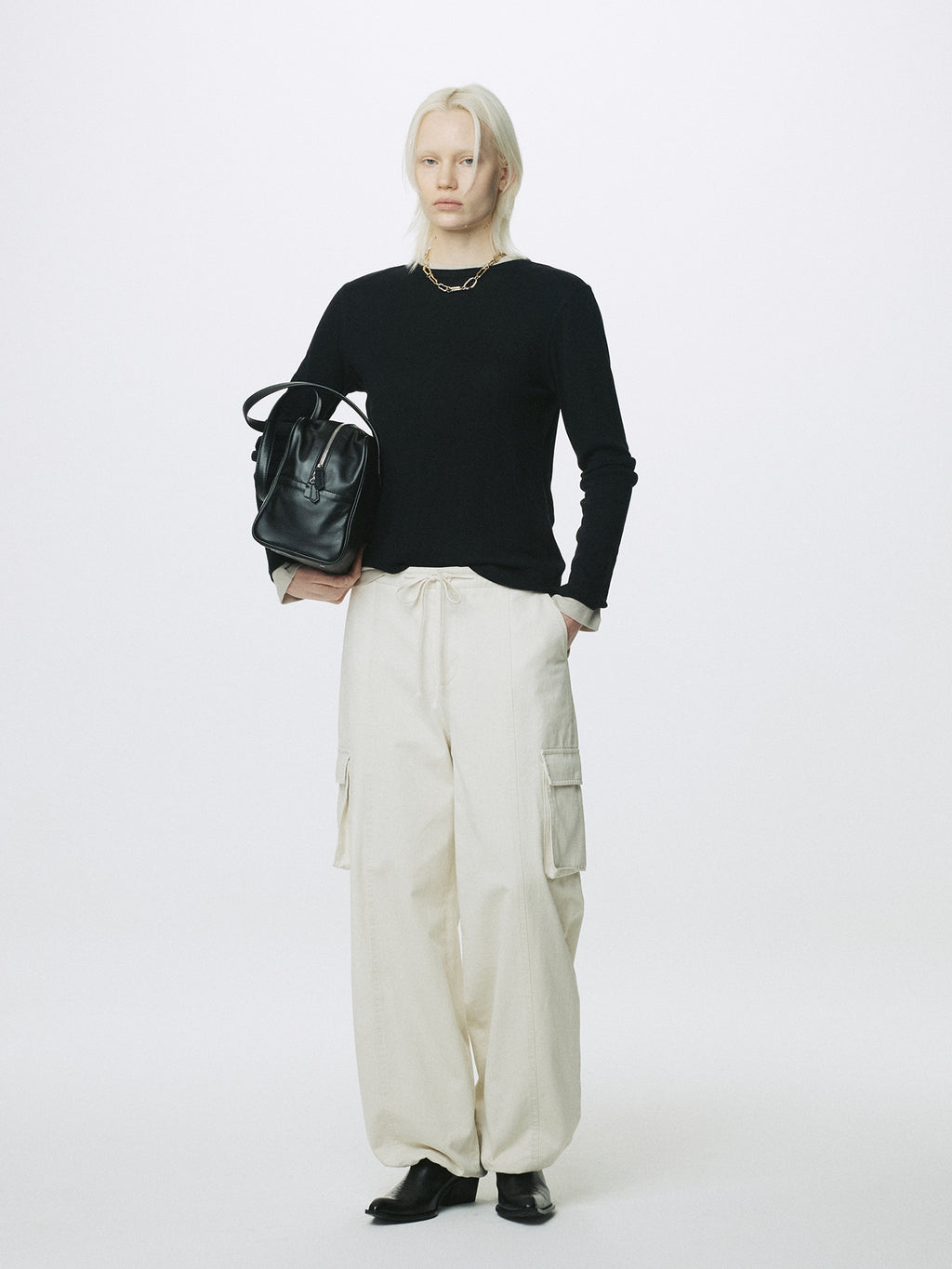 (W) COTTON DRAWSTRING CARGO TROUSERS_ IVORY
