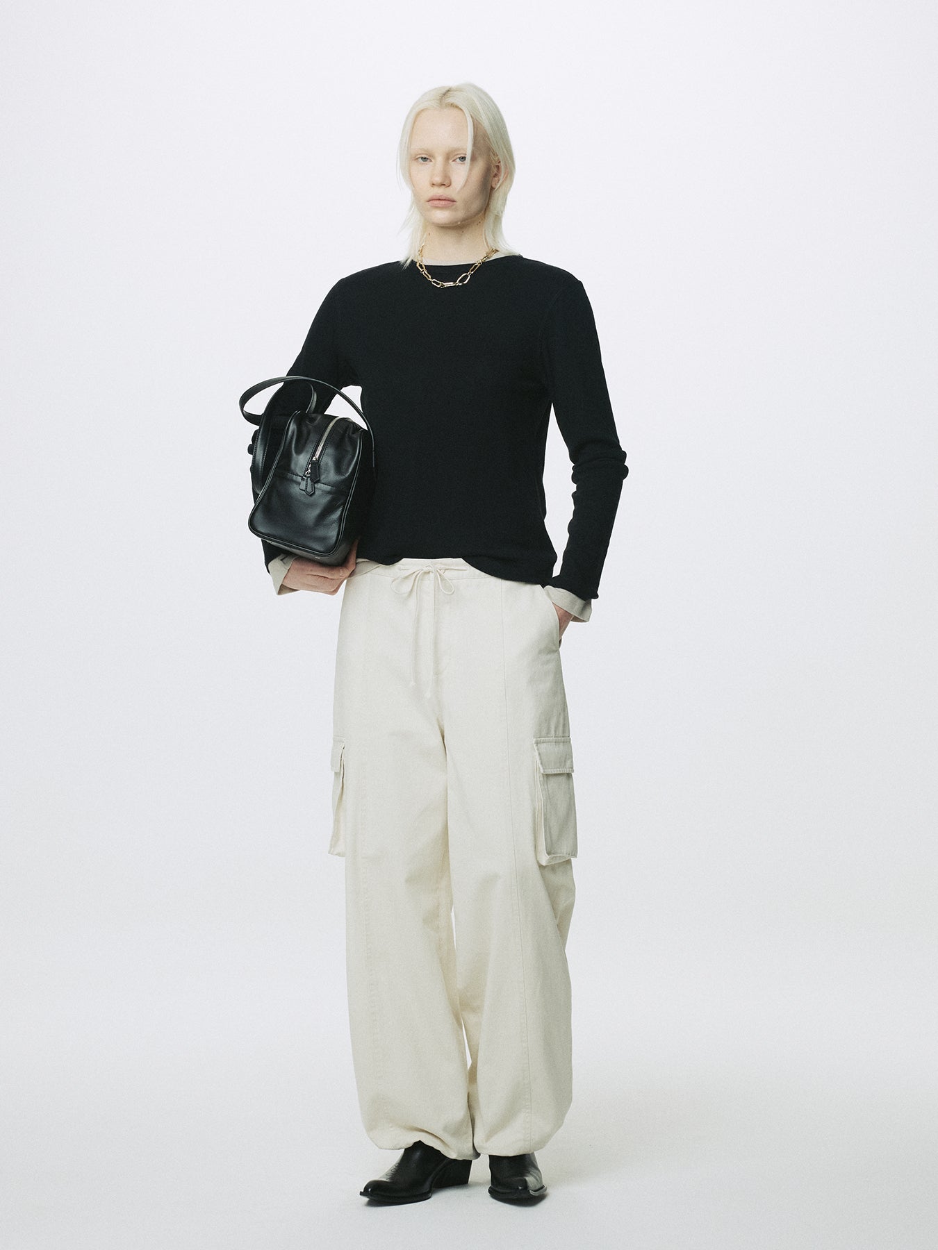 (W) COTTON DRAWSTRING CARGO TROUSERS_ IVORY