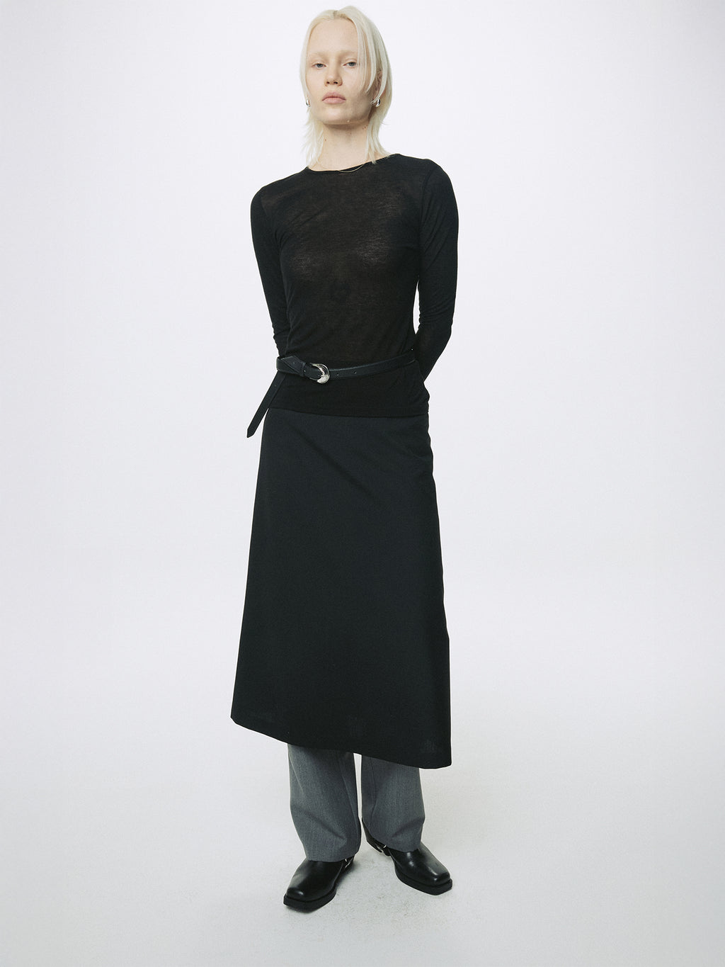 (W) WOOL MIDI SKIRT_ BLACK