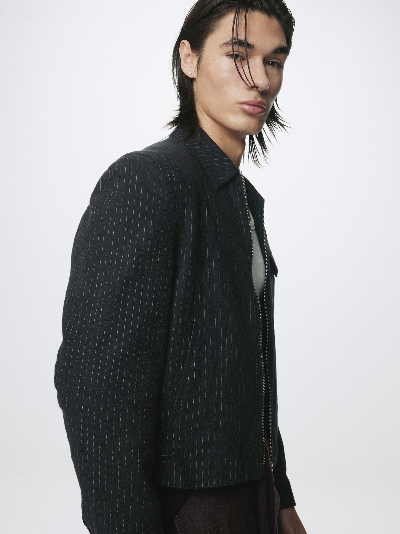 WASHED STRIPED WOOL COTTON BLOUSON_ WASHED  BLACK