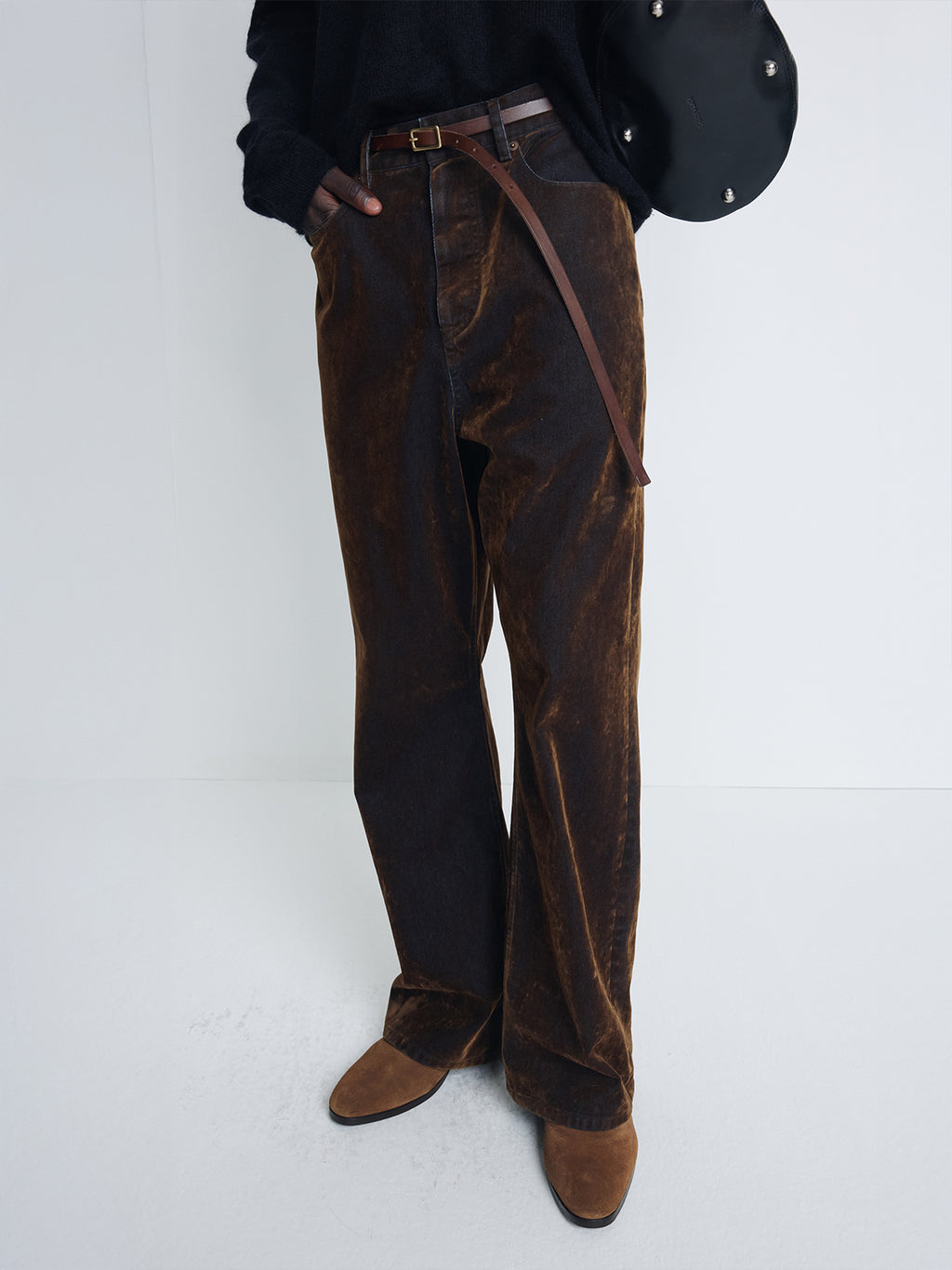 FLOCKED DENIM LOOSE FLARED PANTS_ BROWN