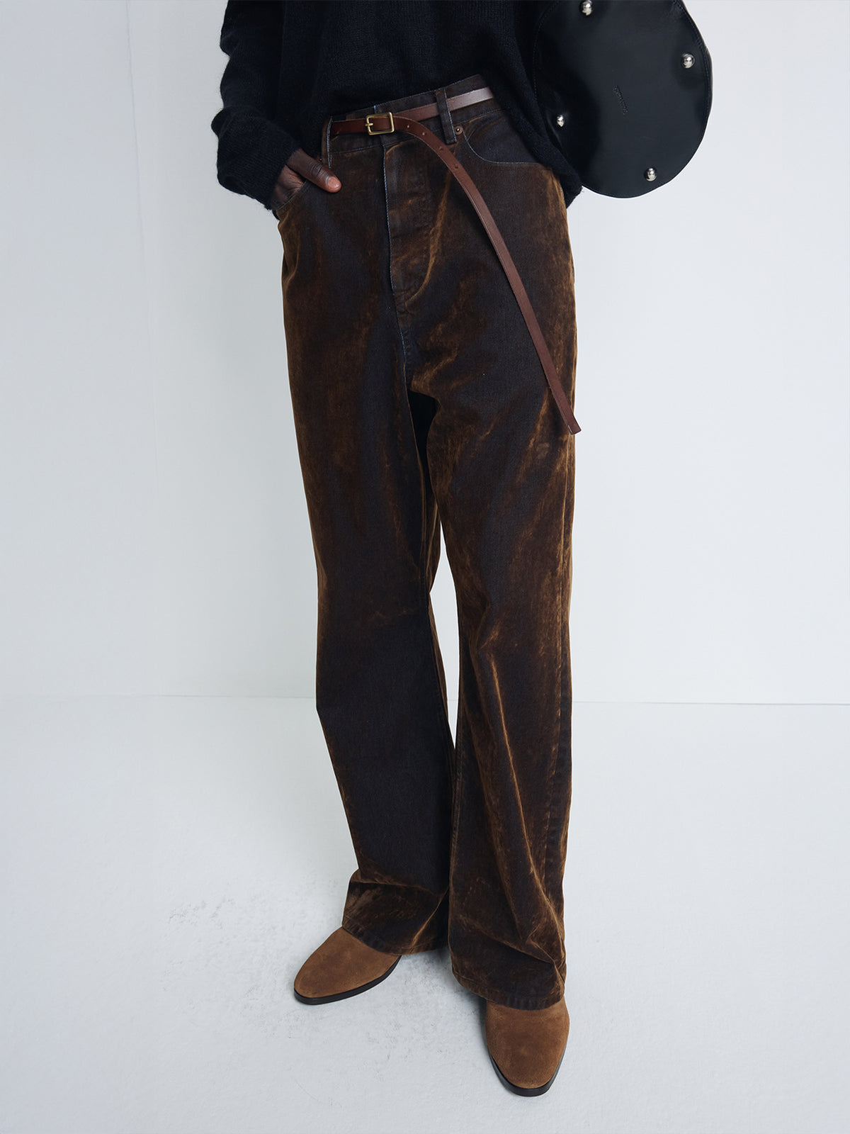 FLOCKED DENIM LOOSE FLARED PANTS_ BROWN