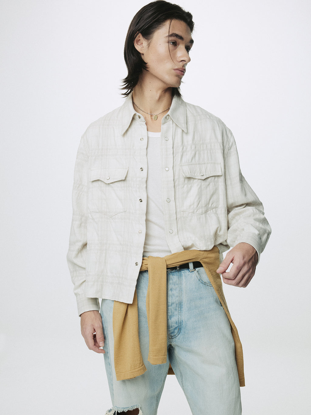 WOOL AND COTTON CHECKED SHIRT JACKET (JAPANESE FABRIC)_ IVORY