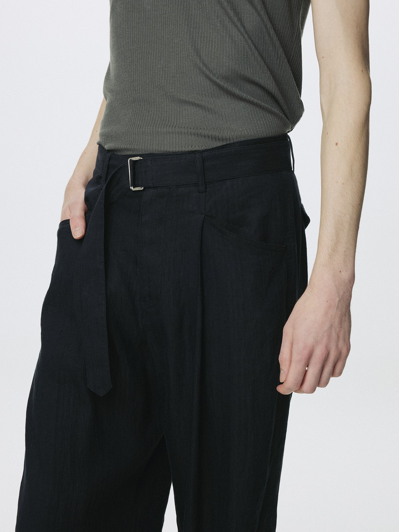 WASHED LINEN BELTED PANTS (ITALIAN FABRIC)_ DARK NAVY