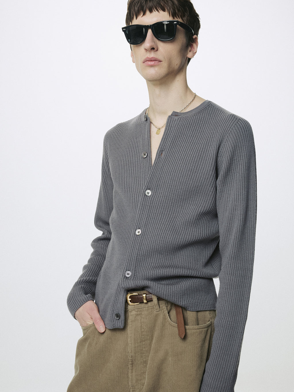 SUPER FINE MERINO WOOL RIBBED CARDIGAN_ CARBON GREY