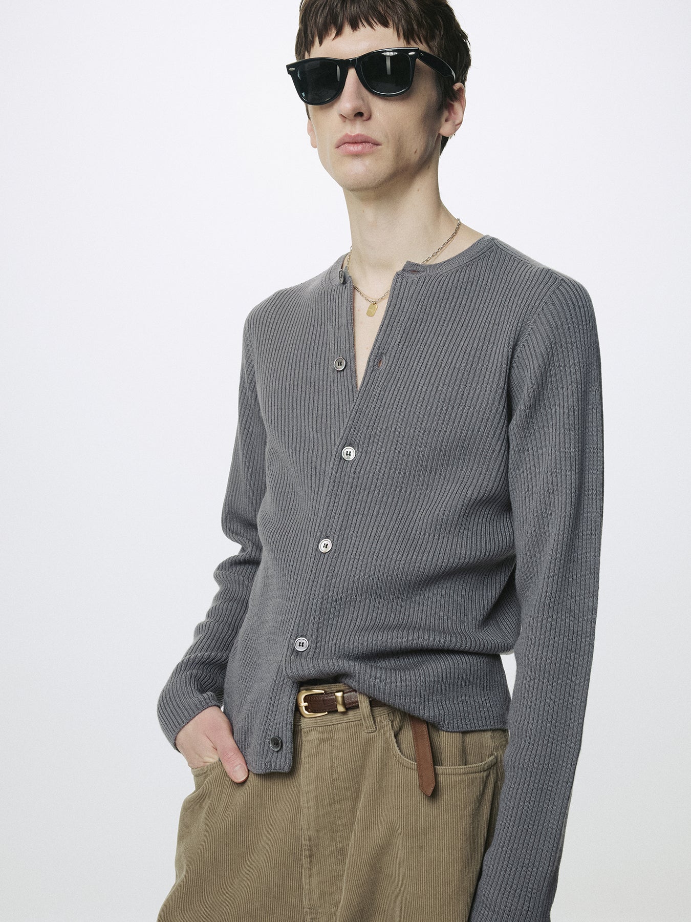 SUPER FINE MERINO WOOL RIBBED CARDIGAN_ CARBON GREY