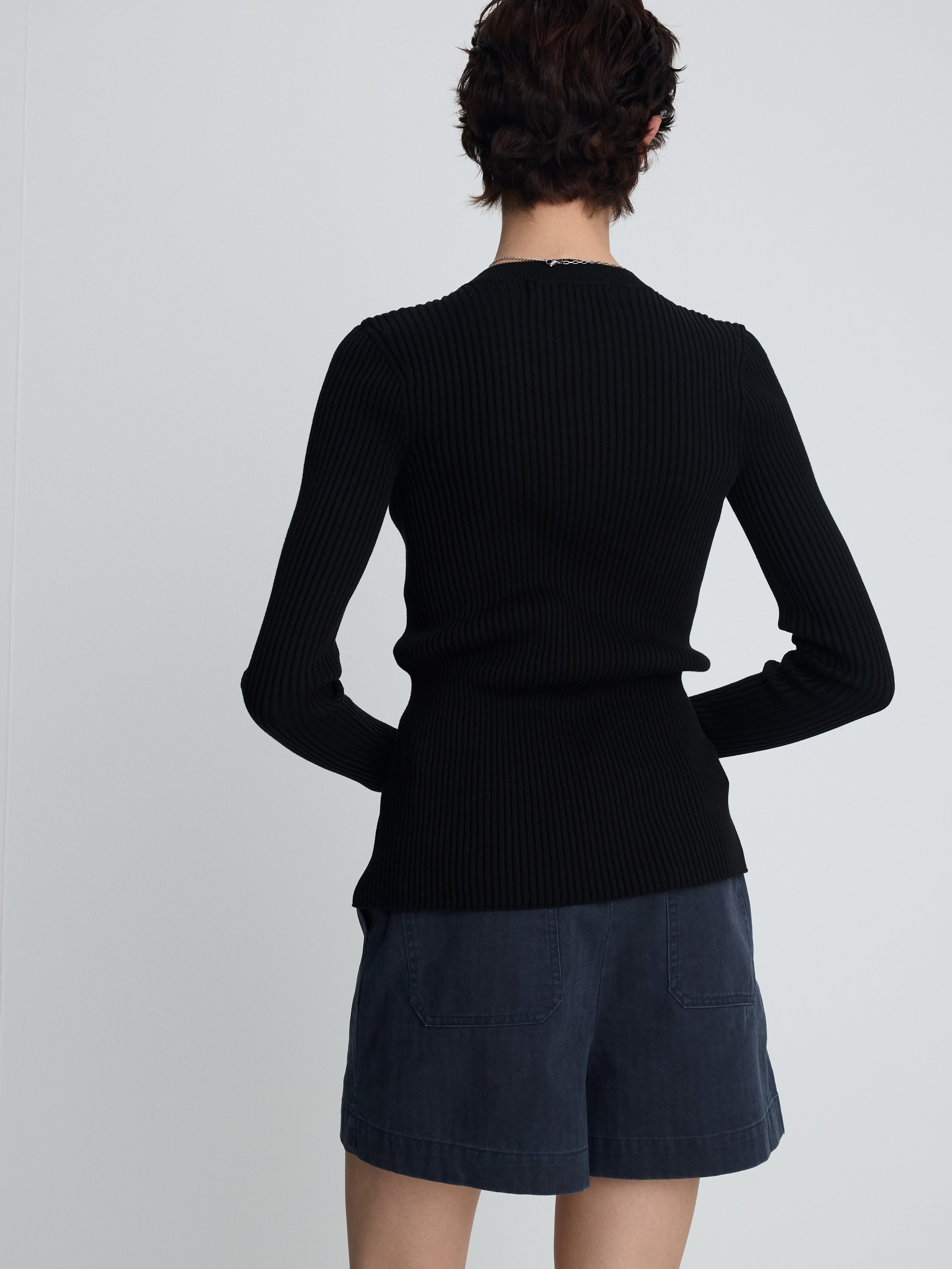 (W) SILK COTTON RIBBED BUTTON CARDIGAN_ BLACK